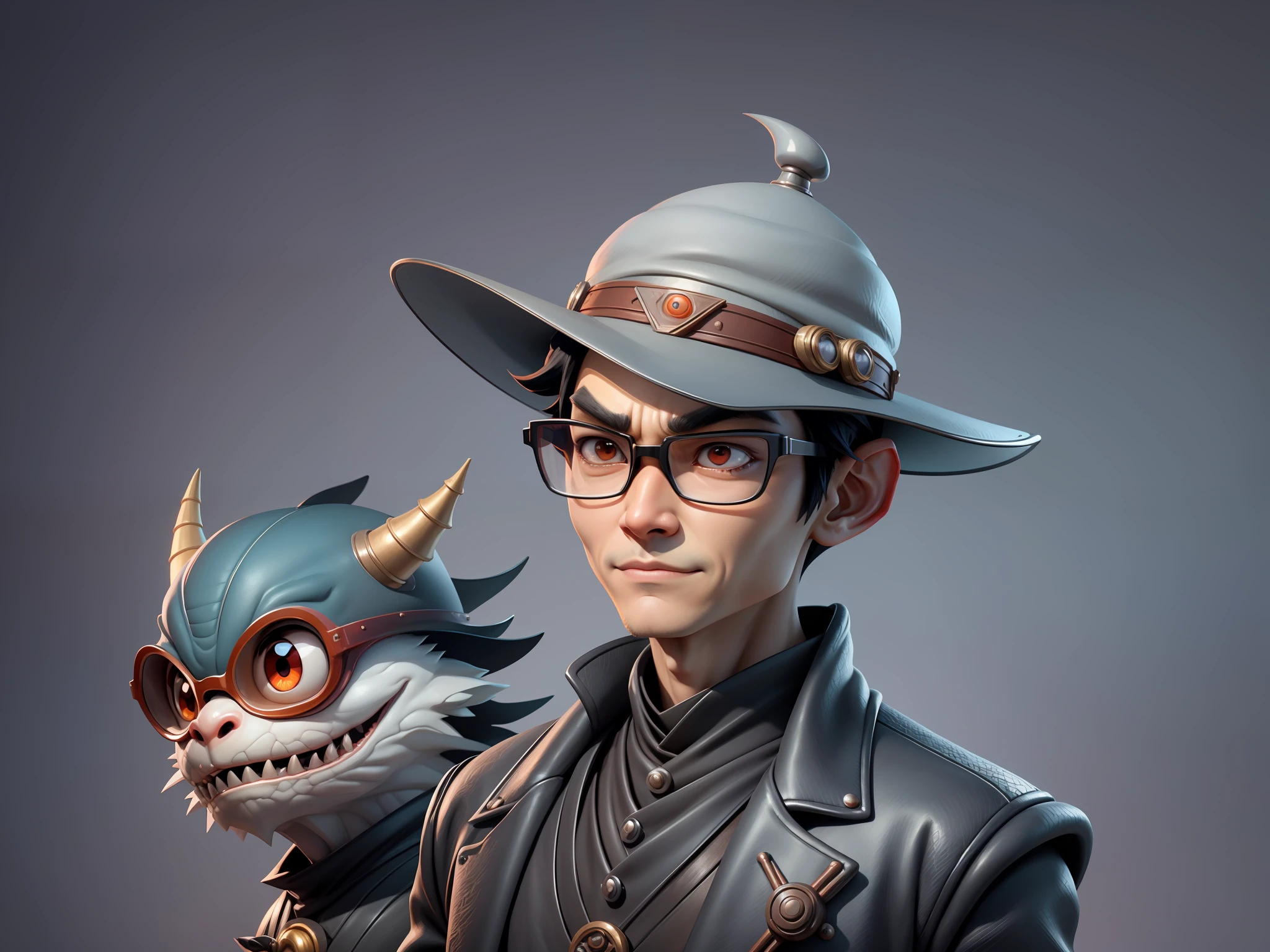 Young man with oriental face in leather hat, dragon, formal suit, short black hair, silver glasses, digital painting, 3D character design by Mark Clairedon and Pixar and Hayao Miyazaki and Akira Toriyama, the illustration is a high-definition illustration in 4K resolution with very detailed facial features and cartoon-style visuals.