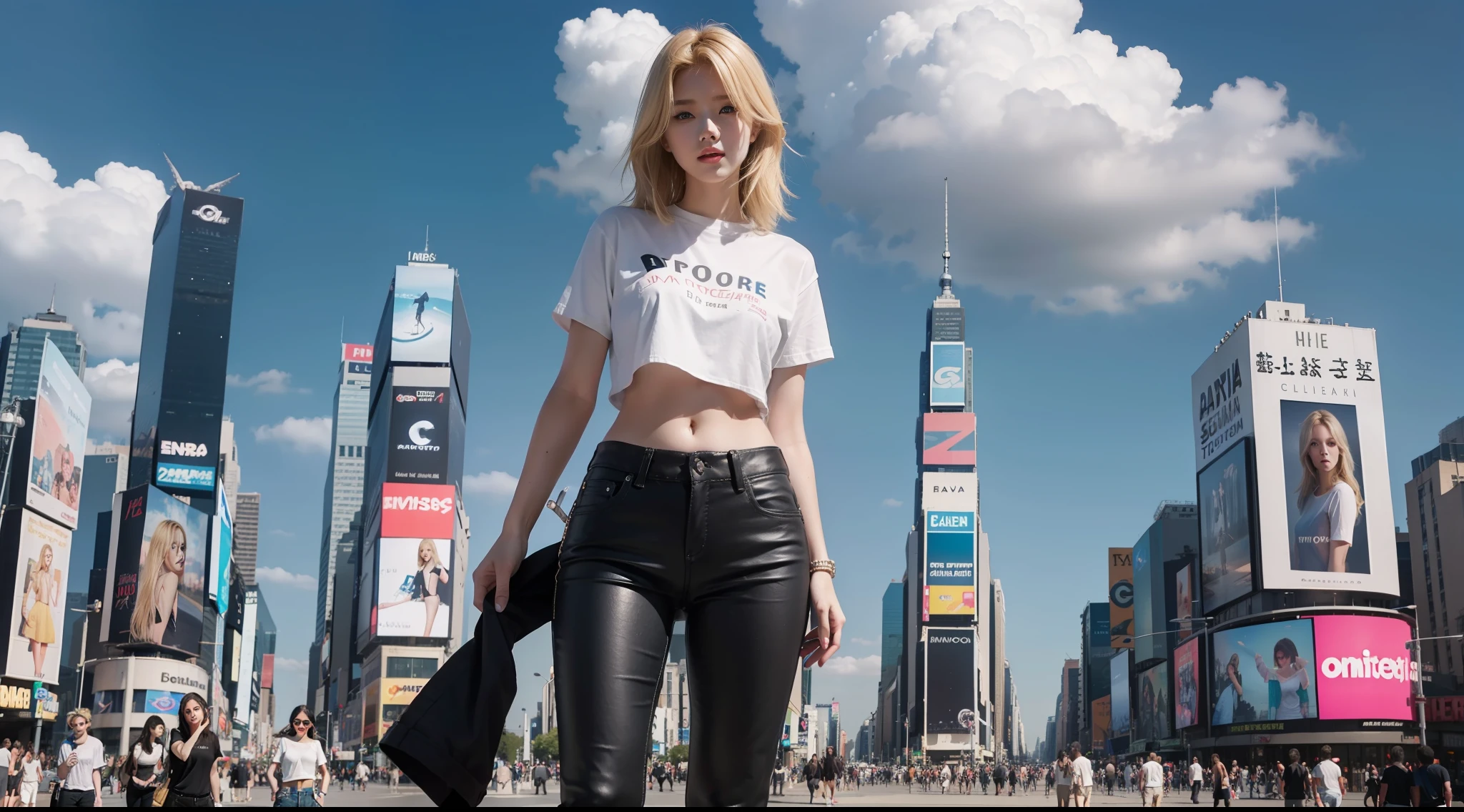 time square,Young beautiful girl,blonde medium hair,dishiveredhair,Fair skin,Exposes the southern hemisphere,Black short sleeves,Casual pants,Open navel,with blue sky and white clouds,8K,Highest image quality
