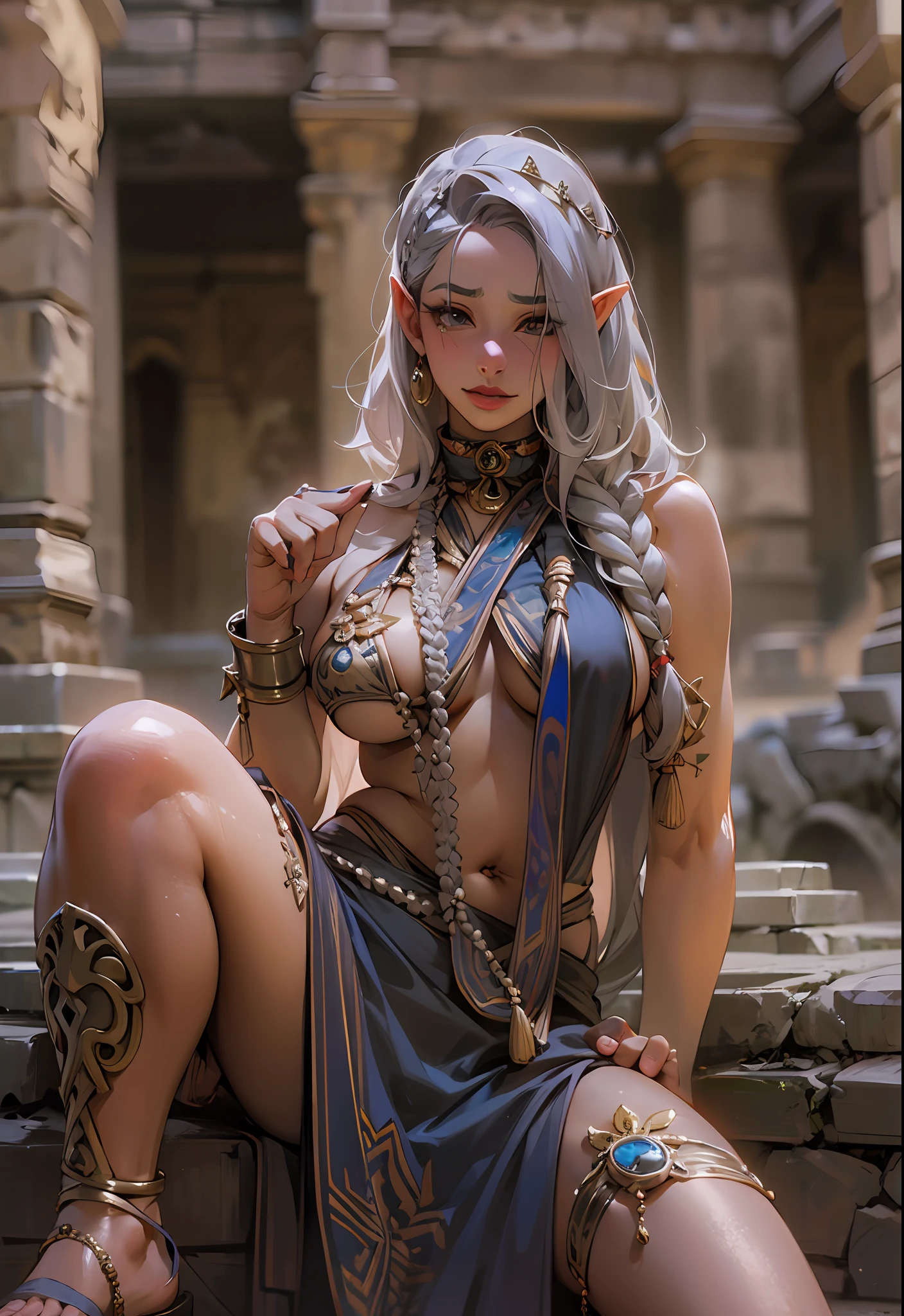 There's an elf (Arshes em Bastard) ultra thin bikini, elfa de 30 anos (Peta Jensen), (Camgirl), (onlyfans) posing in the Ancestral Ruins, richly detailed Aztec ruins, lots of vegetation and vineyards, Aztec Ancient Ruins, cinematic natural light, organic dust particles in light, poeira no ar, Underneath view, Viewing angle below, olhar de baixo, olhando de baixo, close da cintura pra cima, MULHER SEXY, Novo, sem roupa, alguns apetrechos e tribais pelo corpo nu, sensual, provocador, cabelos brancos, cabelos brancos, cabelos grisalhos, hair with long braid over the chest, braid over chest, smaller braids on the head, Dark grey head |, olhar sexy, olhos verdes, Olhar Lascivo, desejo, marrom, sarda no rosto, realista, boca entreaberta, sensualidade ao extremo, Seios enormes (Oppai), massive breasts uncovered, seios grandes soltos descobertos,good breasts are discovered, breasts are visible, Nu (Adult video of Kate Dee 1 8 ), seios arredondados, mamilos duros, big boobs, big tits, Mamalhuda, seios grandes e fartos (Angela White) com pintas, sardas, Fundo, sardas no peito, piercing na barriga, barriga sexy, barriga levemente marcada, sexy :8, A partir de 8 K fosco, olhar sexy, detalhes tribais pelo corpo, corpo nu com tatoo tribal, asteca, molhado, transparente, pose atraente, a scarf tied at the waist, estourando os seios, bicos duros, mamilos endurecidos, enrijecidos, Excitado, lascivo, provocador, corpo sexy, quadril largo, coxa grossa, Pose sexy, corpo perfeito, uncovered private parts, Visible , aberta, pelos pubianos raspados, Depilado, exposta, realista, molhada, virilha marcada, perfect lighting, Bottom view, realista, filtro escuro, profundidade, 4k