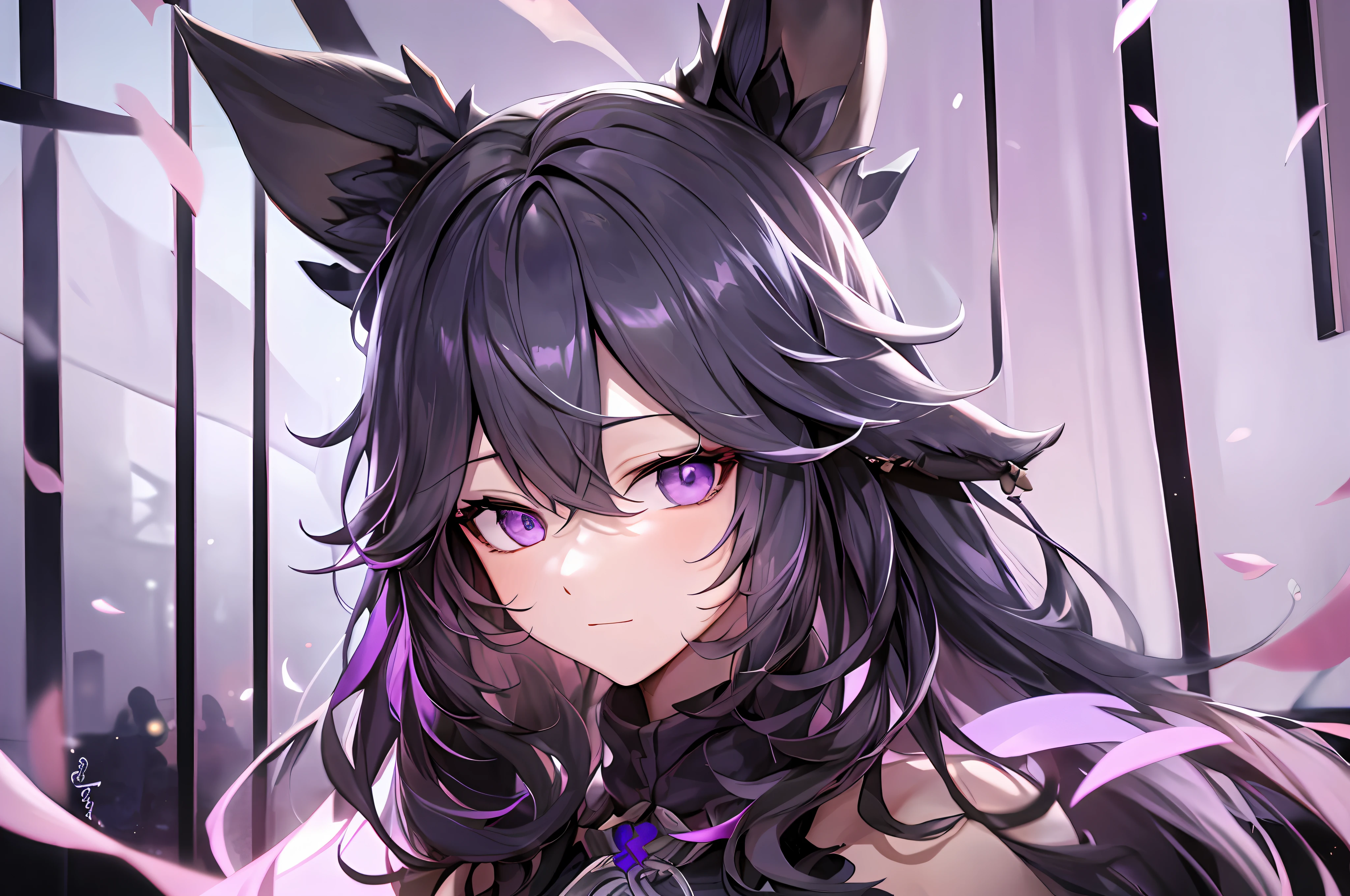 Mast, best quality, 1 girl, eula \ (Genshin Impact), black hair, purple eyes, long hair, headband, hair accessories, looking at the audience, facing viewer, eula signature weapon claymore sword, fox ears bent