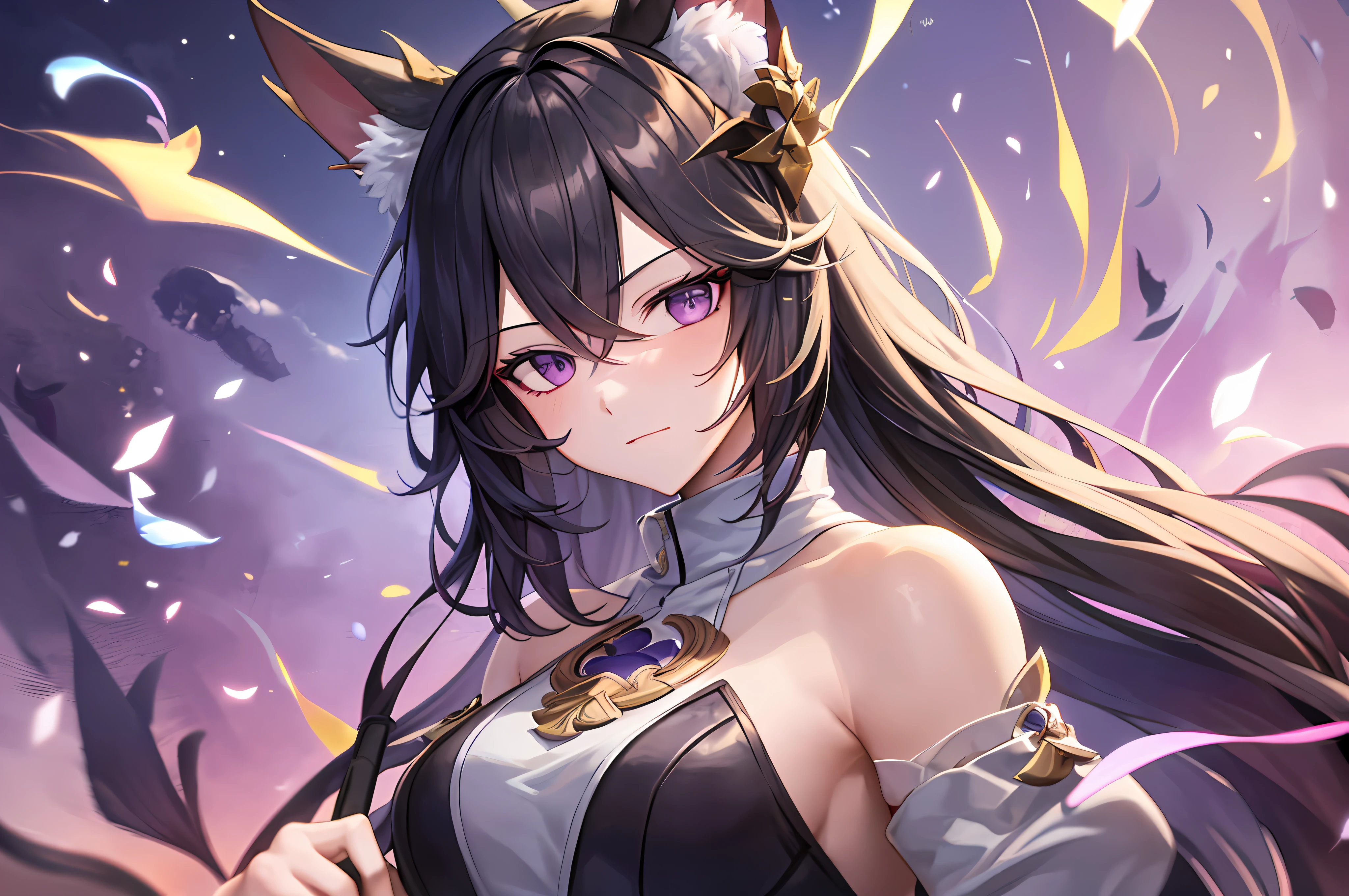 Mast, best quality, 1 girl, eula \ (Genshin Impact), black hair, purple eyes, long hair, headband, hair accessories, looking at the audience, facing viewer, eula signature weapon claymore sword, fox ears bent