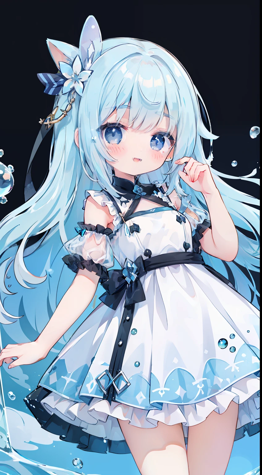 One girl、Black eyes、icy、Cool、White dress、Smile、cute little、transparent haired、Transparent hair、Hair made of water、Eau、water dripping、The drops、icy、Top image quality、top-quality