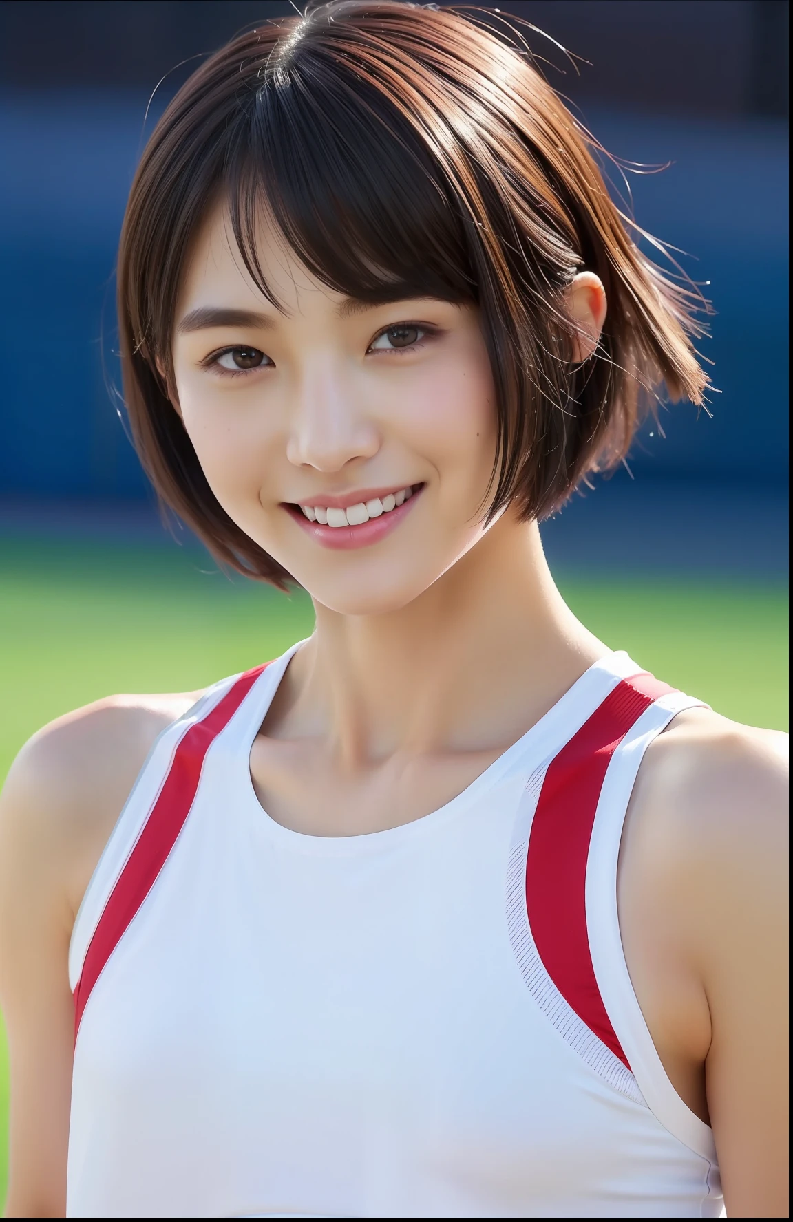 (((full bodyesbian)))、japanese beauty girl、((Short-cut hairstyles))、Perfect style、track and field uniform、beauty legs、kawaii、((Track & Field Athletes Women))、(((1人)))、((stadium))、Transcendent cute、A slight smil、Beautiful breasts、full bodyesbian、athletic field、((Outstanding style))、((Healthy body))、 Photorealsitic、Beautiful detailed eyes、Hyper-Realism、highcontrast、Ultra HD、realistic skin textures、Top image quality、top-quality、超A high resolution、Fine details、Very meticulously
