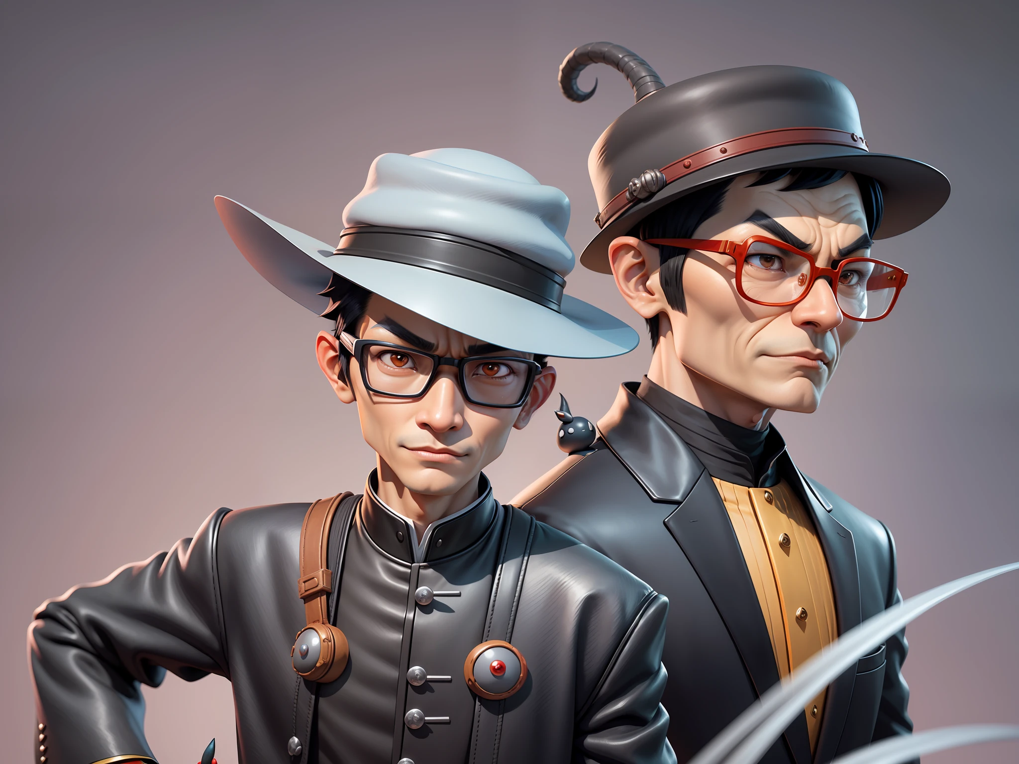 Young man with oriental face in leather hat, dragon, formal suit, short black hair, silver glasses, digital painting, 3D character design by Mark Clairedon and Pixar and Hayao Miyazaki and Akira Toriyama, the illustration is a high-definition illustration in 4K resolution with very detailed facial features and cartoon-style visuals.