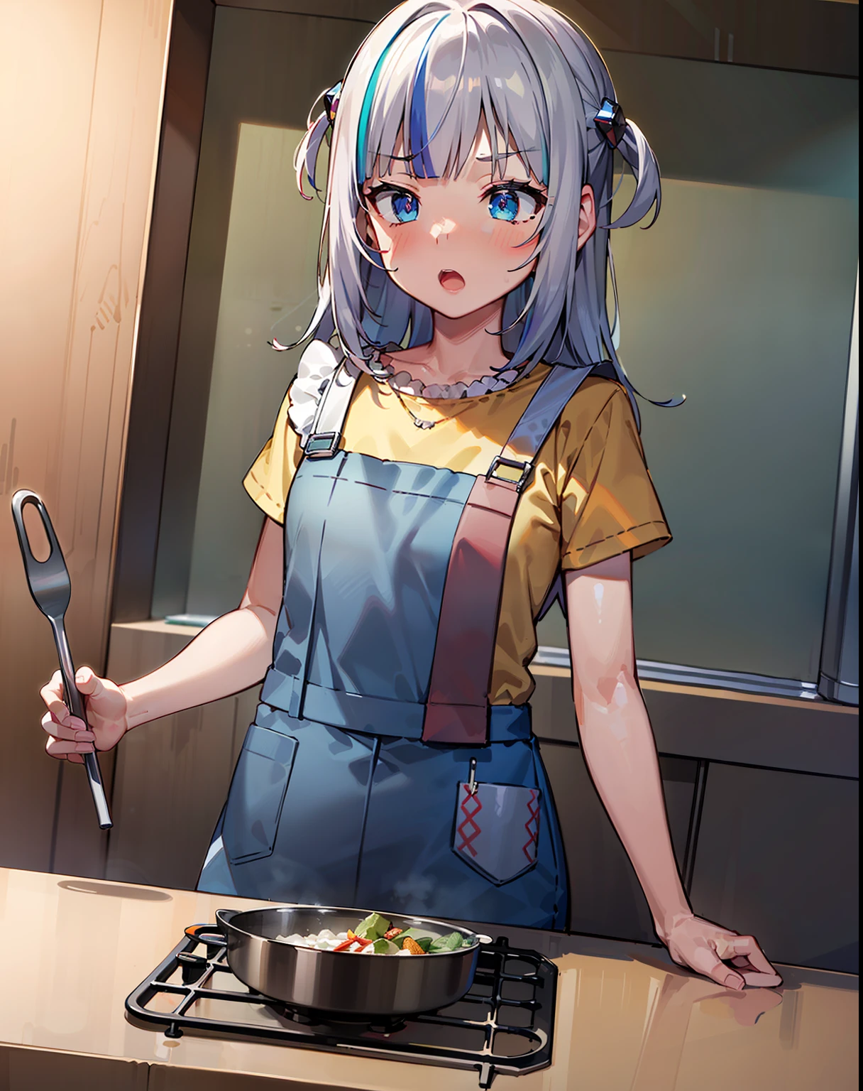 ((masterpiece)), ((best quality)), ((highres)), ((extremely detailed CG unity 8k wallpaper)), solo, irie miyuki, kitchen, cooking, apron, yellow shirt, jeans, blush, surprised, open mouth, shocked, small breasts, long hair