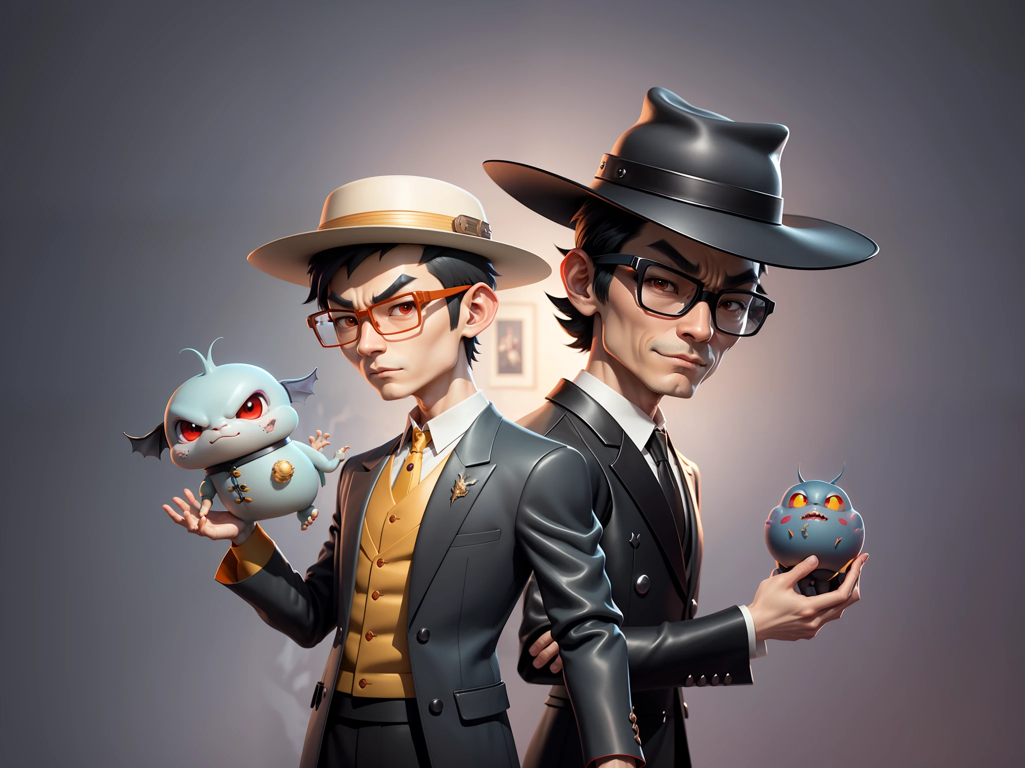 Young man with oriental face in leather hat, dragon, formal suit, short black hair, silver glasses, digital painting, 3D character design by Mark Clairedon and Pixar and Hayao Miyazaki and Akira Toriyama, the illustration is a high-definition illustration in 4K resolution with very detailed facial features and cartoon-style visuals.