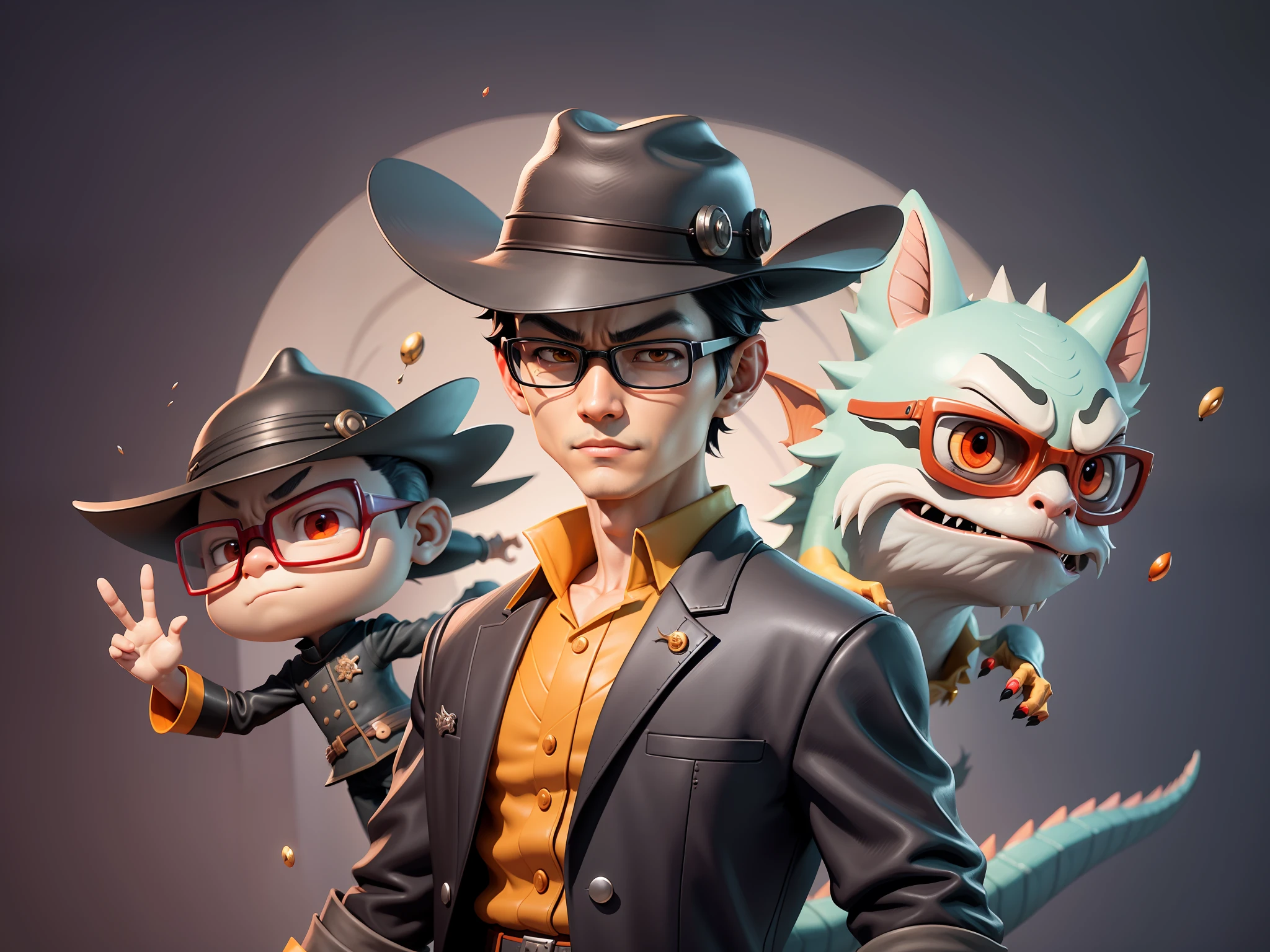 Young man with oriental face in leather hat, dragon, formal suit, short black hair, silver glasses, digital painting, 3D character design by Mark Clairedon and Pixar and Hayao Miyazaki and Akira Toriyama, the illustration is a high-definition illustration in 4K resolution with very detailed facial features and cartoon-style visuals.