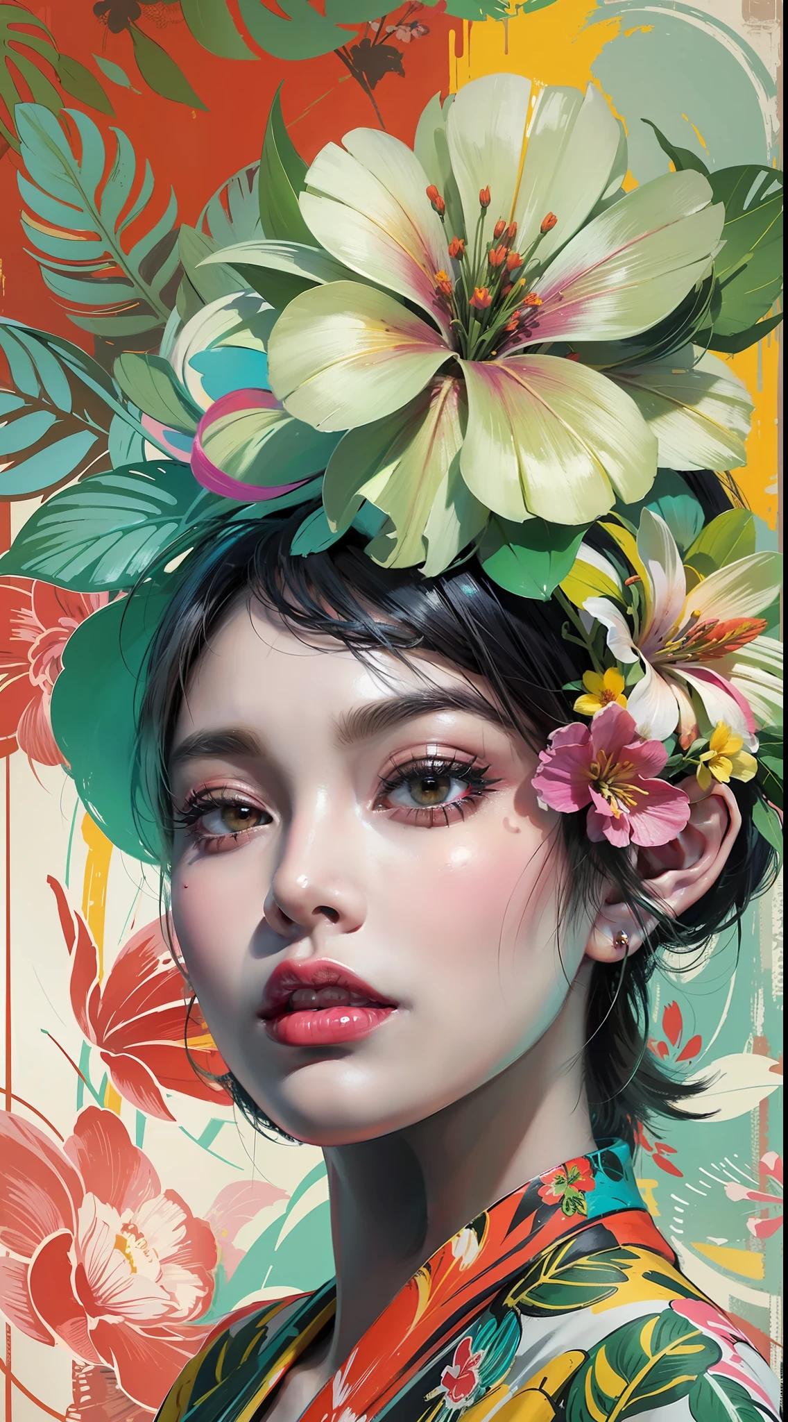 Create a digital art work in pop art style, featureing a vibrant and confident woman with bold makeup and colorfull fashion, cinematic color scheme, surrounded by vintage flowers patterns, energtic brushstrokes,the mood should be dynamic, upper body, drawing, illustration, grayscale, tropical, vintage fruits, vintage plants, many flowers, painting oil, asian girl,