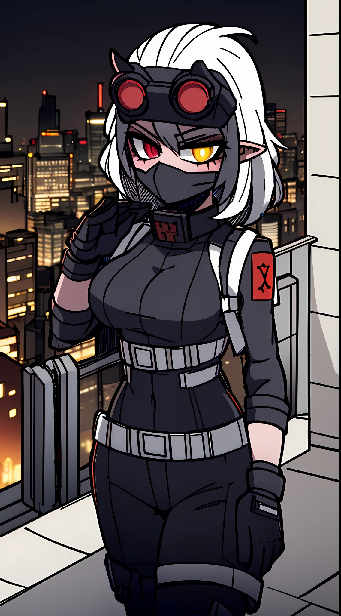 1girl, solo, mature woman, pointy ears, breasts, wide hips, thick thighs, blush, blushing, horns on head, demon tail, large breasts, dynamic angle, sharp focus, standing, heterochromia, 8k resolution, city, night, moon light, neon lights, cyberpunk, ghost in the shell, black latex suit, chest rig, holster, straps, knee pads, toolbelt, pouches, high quality shadows, glowing eyes, looking at viewer, science fiction, lens flare, night vision goggles, balaclava, ski mask, zip up, combat boots, black gloves, skyscraper windows, turtle neck collar, high collar, satchel, hands in pockets, shirt pocket, stealth suit, sci fi architecture, digital building, tech wear, cables, cybernetics, body armor, patch, armor plates, covered face, concealed face, techpunk, military,