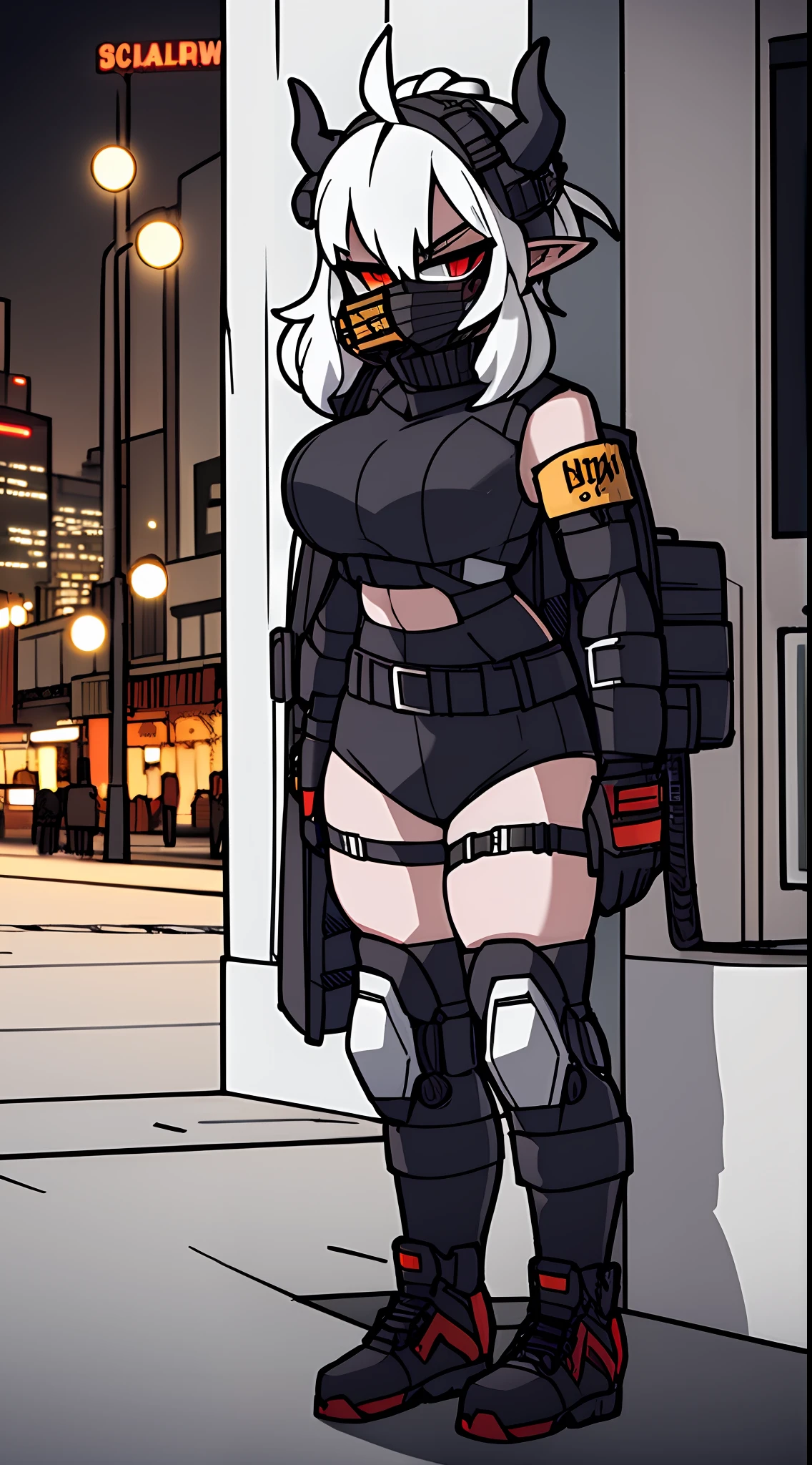 1girl, solo, mature woman, pointy ears, breasts, wide hips, thick thighs, blush, blushing, horns on head, demon tail, large breasts, dynamic angle, sharp focus, standing, heterochromia, 8k resolution, city, night, moon light, neon lights, cyberpunk, ghost in the shell, black latex suit, chest rig, holster, straps, knee pads, toolbelt, pouches, high quality shadows, glowing eyes, looking at viewer, science fiction, lens flare, night vision goggles, balaclava, ski mask, zip up, combat boots, black gloves, skyscraper windows, turtle neck collar, high collar, satchel, hands in pockets, shirt pocket, stealth suit, sci fi architecture, digital building, tech wear, cables, cybernetics, body armor, patch, armor plates, covered face, concealed face, techpunk, military,