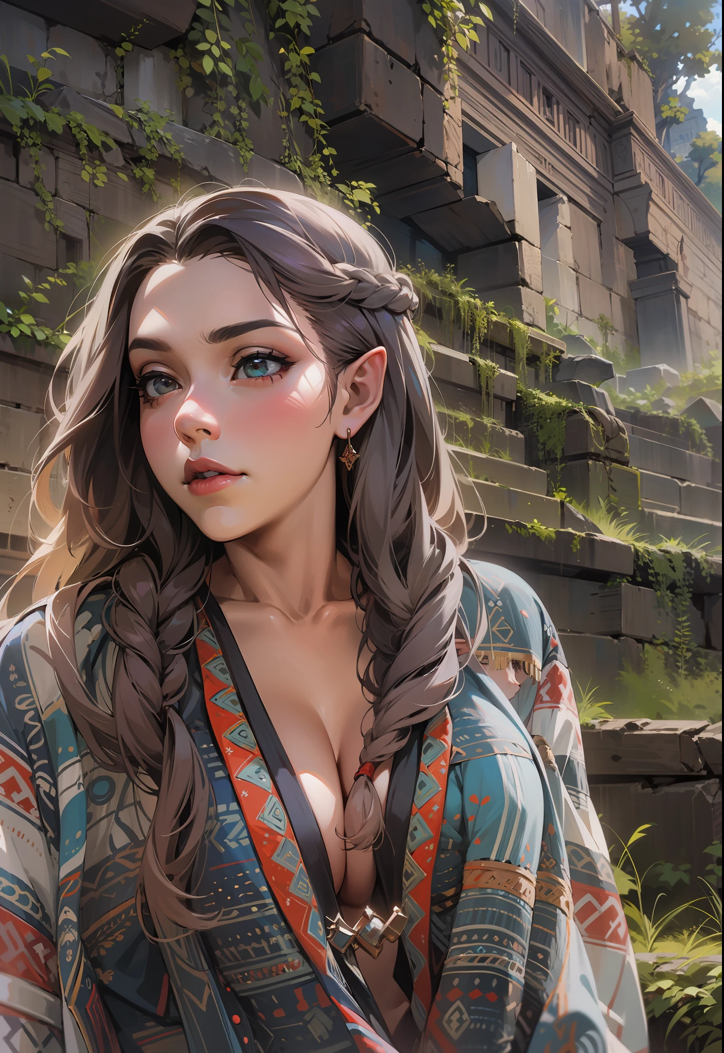 There's an elf (Arshes em Bastard) ultra thin bikini, elfa de 30 anos (Peta Jensen), (Camgirl), (onlyfans) posing in the Ancestral Ruins, richly detailed Aztec ruins, lots of vegetation and vineyards, Aztec Ancient Ruins, cinematic natural light, organic dust particles in light, poeira no ar, Underneath view, Viewing angle below, olhar de baixo, olhando de baixo, close da cintura pra cima, MULHER SEXY, Novo, sem roupa, alguns apetrechos e tribais pelo corpo nu, sensual, provocador, cabelos brancos, cabelos brancos, cabelos grisalhos, hair with long braid over the chest, braid over chest, smaller braids on the head, Dark grey head |, olhar sexy, olhos verdes, Olhar Lascivo, desejo, marrom, sarda no rosto, realista, boca entreaberta, sensualidade ao extremo, Seios enormes, huge, droopy breasts (Oppai), massive breasts uncovered, seios grandes soltos descobertos,good breasts are discovered, breasts are visible, Nu (Adult video of Kate Dee 1 8 years old), seios arredondados, mamilos duros, Mamalhuda, seios grandes e fartos (Angela White) com pintas, sardas, Fundo, sardas no peito, piercing na barriga, barriga sexy, barriga levemente marcada, sexy :8, A partir de 8 K fosco, olhar sexy, detalhes tribais pelo corpo, corpo nu com tatoo tribal, asteca, molhado, transparente, pose atraente, a scarf tied at the waist, estourando os seios, bicos duros, mamilos endurecidos, enrijecidos, Excitado, lascivo, provocador, corpo sexy, quadril largo, coxa grossa, Pose sexy, corpo perfeito, uncovered private parts, Visible , aberta, pelos pubianos raspados, Depilado, exposta, realista, molhada, virilha marcada, perfect lighting, Bottom view, realista, filtro escuro, profundidade, 4k
