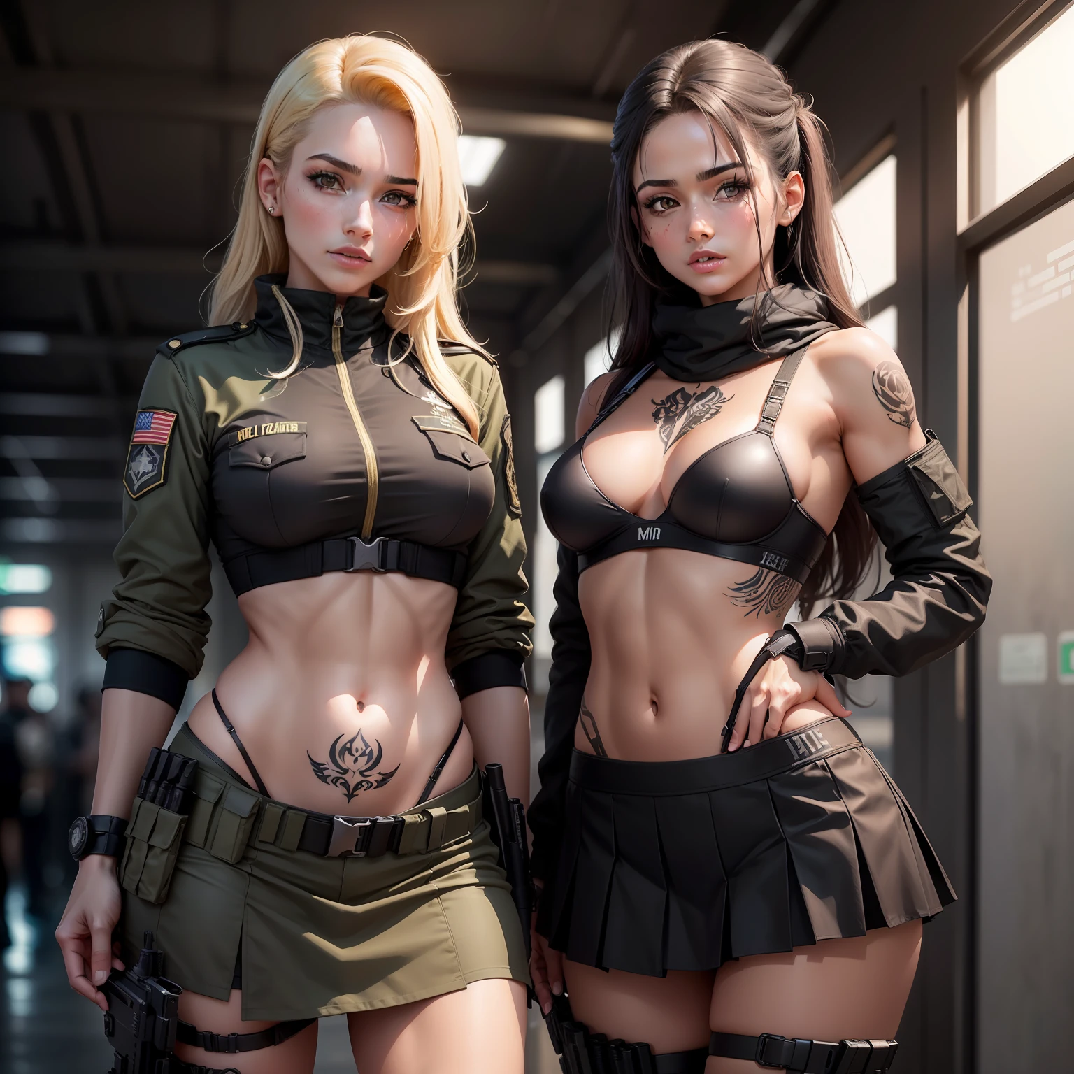((foto de corpo inteiro))((foto realista)) Tacticool, uma mulher, (colete: 1.2), militar, 8k, high-res, obra-prima, melhor qualidade, (headpe: 1.3), pele finamente detalhada, transparent black bra, tattoo, skirt.