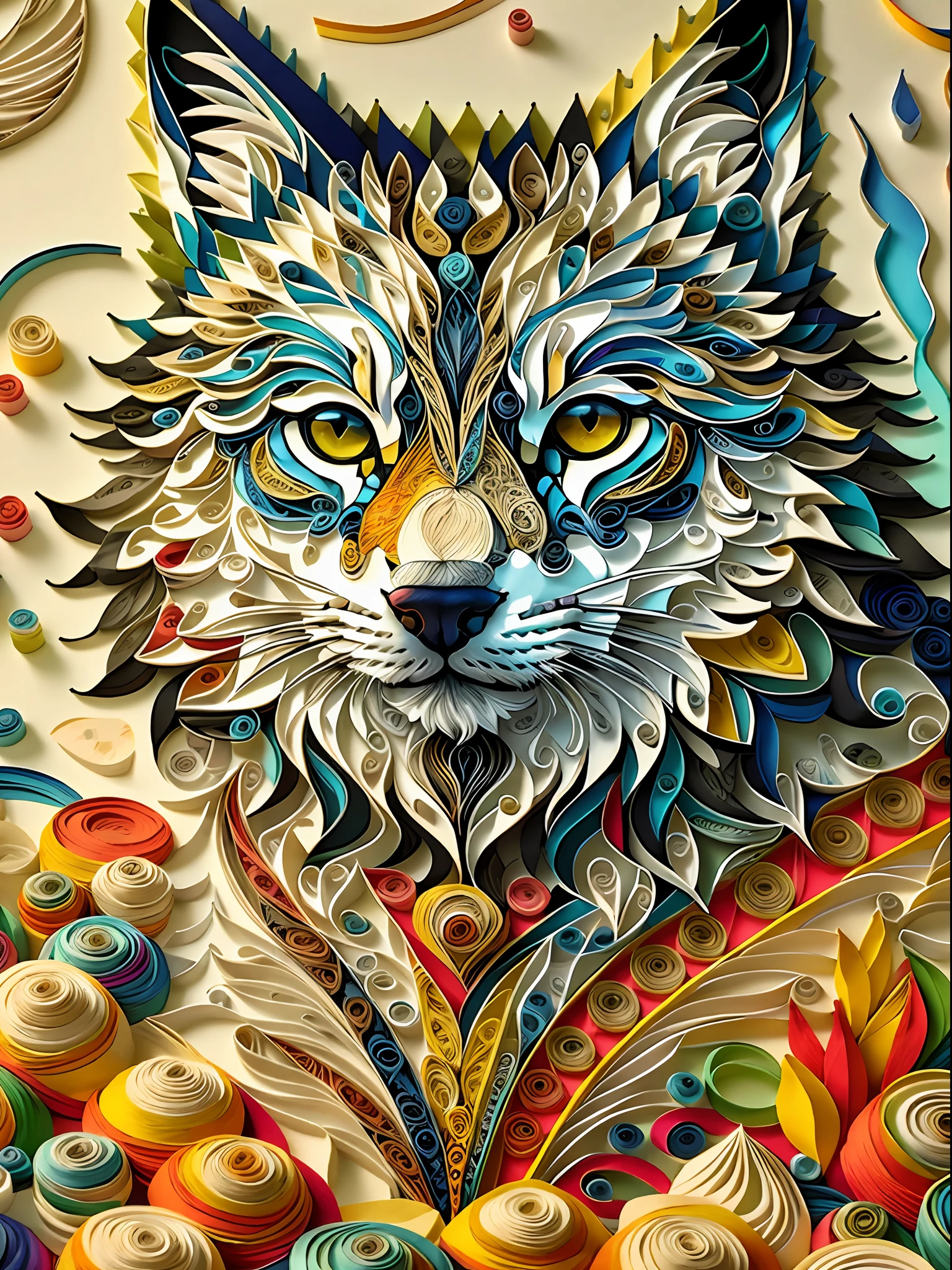 lobo, Papel de quilling multidimensional, arte, Chibi,
yang08k, Beautiful, De color,
Obras maestras, Calidad superior, La mejor calidad, Arte Oficial, beautiful and aesthetic, clean unique, y con un gato,