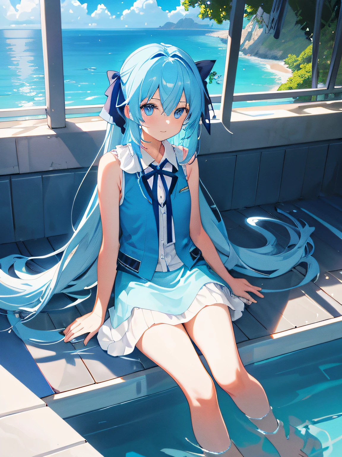 one-girl, Wearing a light blue vest, eBlue eyes, Thin leg, naked leg, Barefoot, Sit on the rooftop, Below is the sea, Water and sky, clouds, Gradient hair, Very long hair, hair flaps, blue hair ribbon, Chiaroscuro, Cinematic lighting, hyper HD, ccurate, ccurate, Best quality, High details,Sunlight, Actual rendering, screen space reflextions, water Reflections , Subsurface scattering, Edge lighting