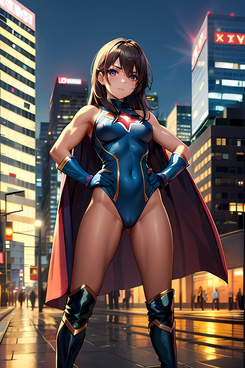 1girl, superhero, heroic, leotard, bare legs, knee boots, gloves, city backdrop, standing, hands on hip, full body, powering up