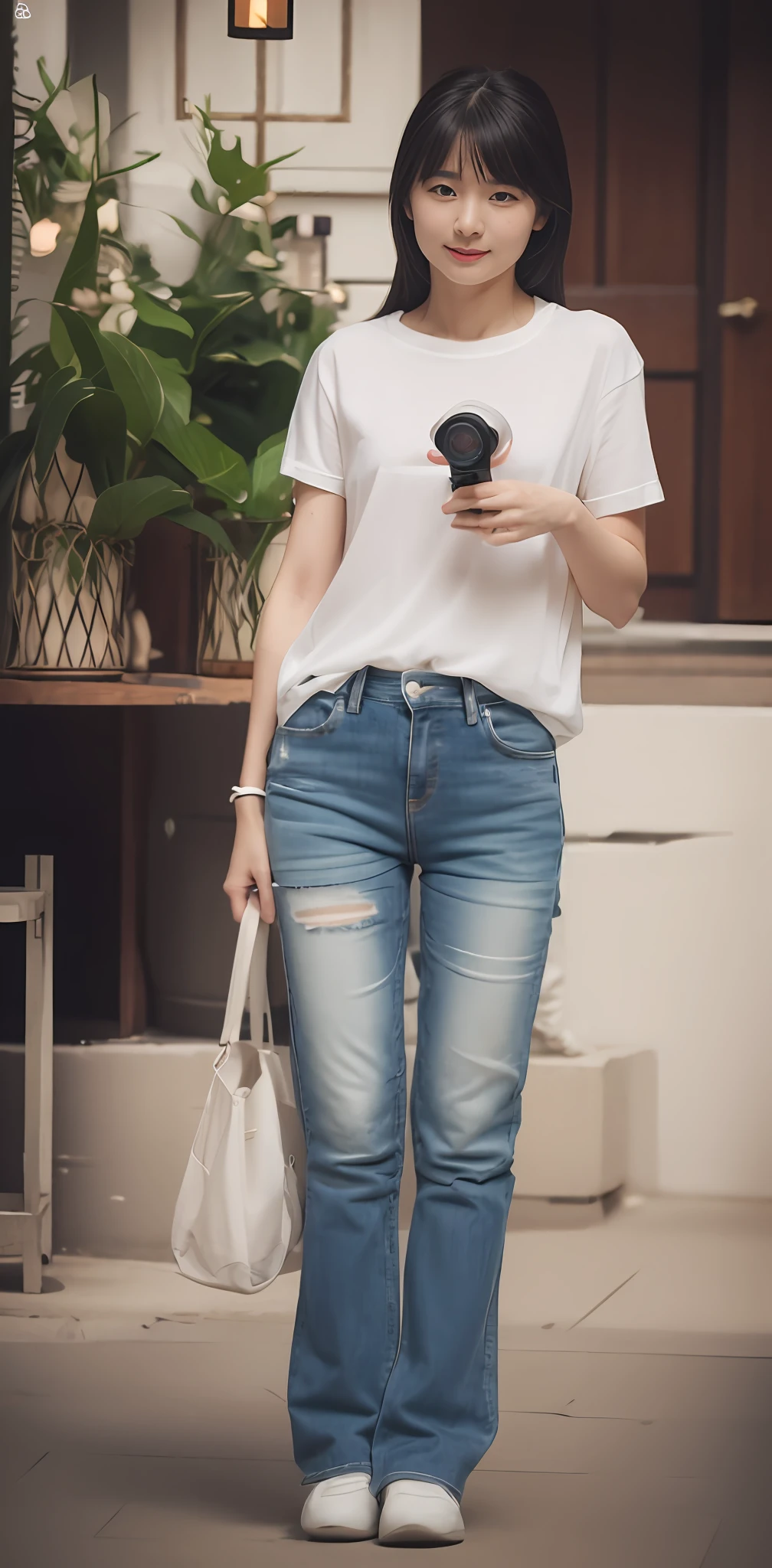 Zhu Ai_Villas,RAW photos,Brand photos,(highdetailskin:1.2),8k ultra high definition,digital SLR camera,gentlesoftlighting,high high quality,filmgrain,富士XT3,20 years old Asian woman,Wear simple clothes,T-shirt and skinny jeans,Detailed clothing details:1.3,perfect body figure,Super detailed facial details and skin,Fair and tender face and skin,二重まぶた,Super detailed eyes,fully body photo