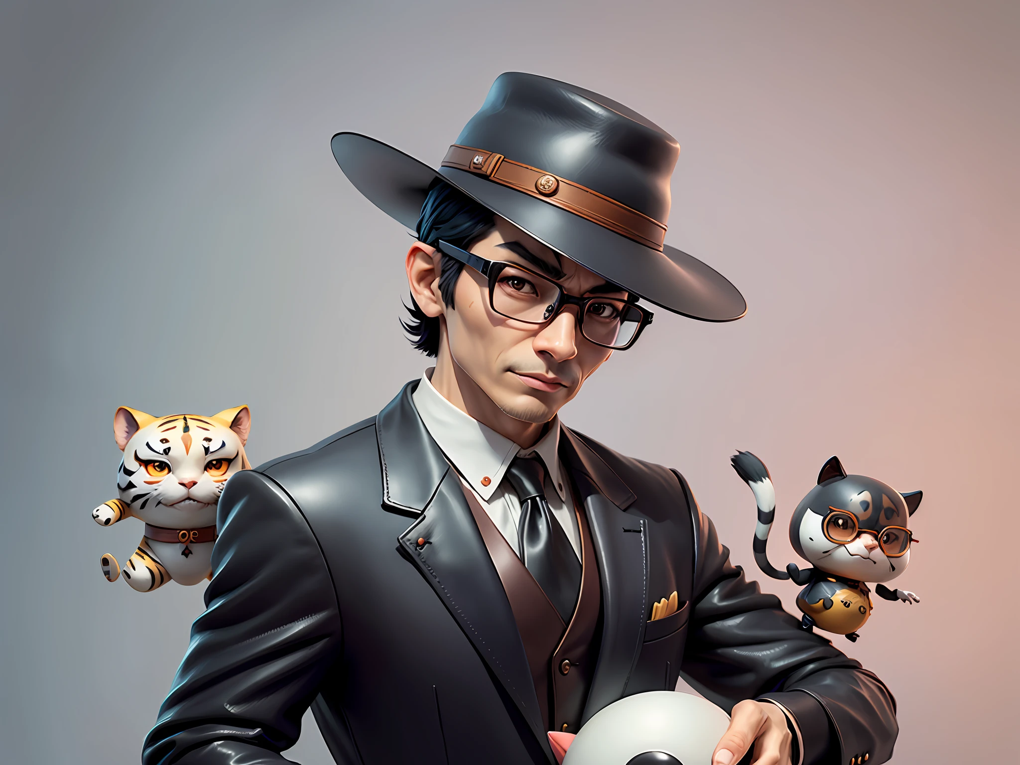 Young man with oriental face in leather hat, tiger, oriental face in formal suit, short black hair, silver glasses, digital painting, 3D character design by Mark Clairedon and Pixar and Hayao Miyazaki and Akira Toriyama, the illustration is a high-definition illustration in 4K resolution with very detailed facial features and cartoon-style visuals.