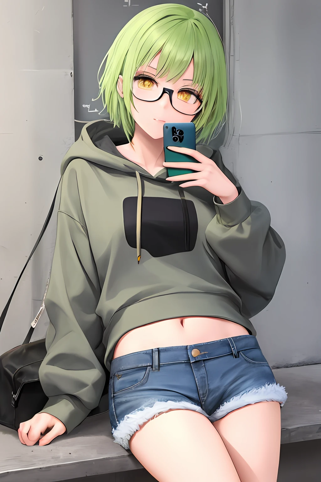 1girl, bright green hair, short hair, wearing grey care with black line hoodie, denim jeans , yellow eyes, masterpiece, best illustration, best manga, cute, eyeglass, bring hand phone