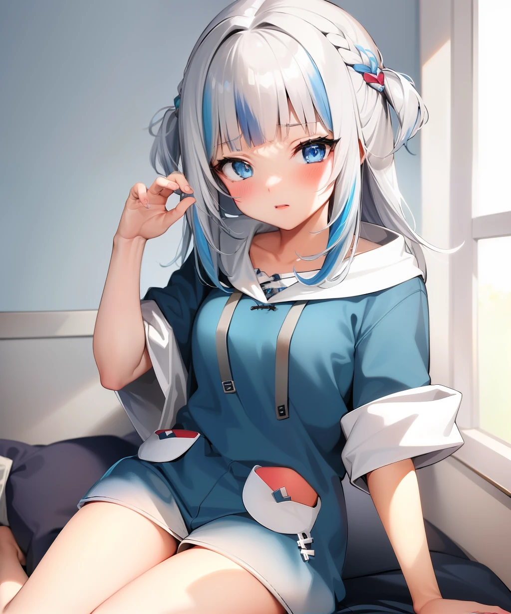 SFW,female, masterpiece, highly detailed, ultra detailed, best quality, highest quality, 1girl, solo,  gawr gura, bright blue eyes,(blue highlights in hair), (blushing),perfect eyes, perfect face, blue hoodie, short shorts, bedroom setting