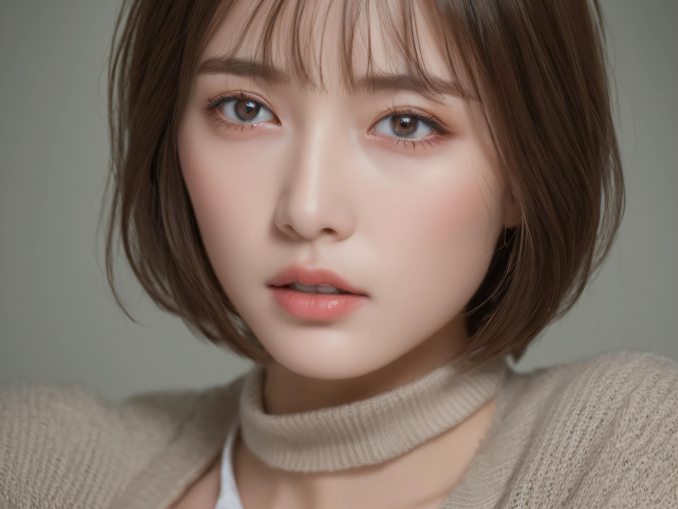 ((Best quality, 8k, Masterpiece :1.3)), 1girl, Pretty woman with slender abs :1.3, (Medium-short hair, Huge breasts :1.2), Cardigan :1.1, Ultra-detailed face, Detailed eyes, Double eyelid