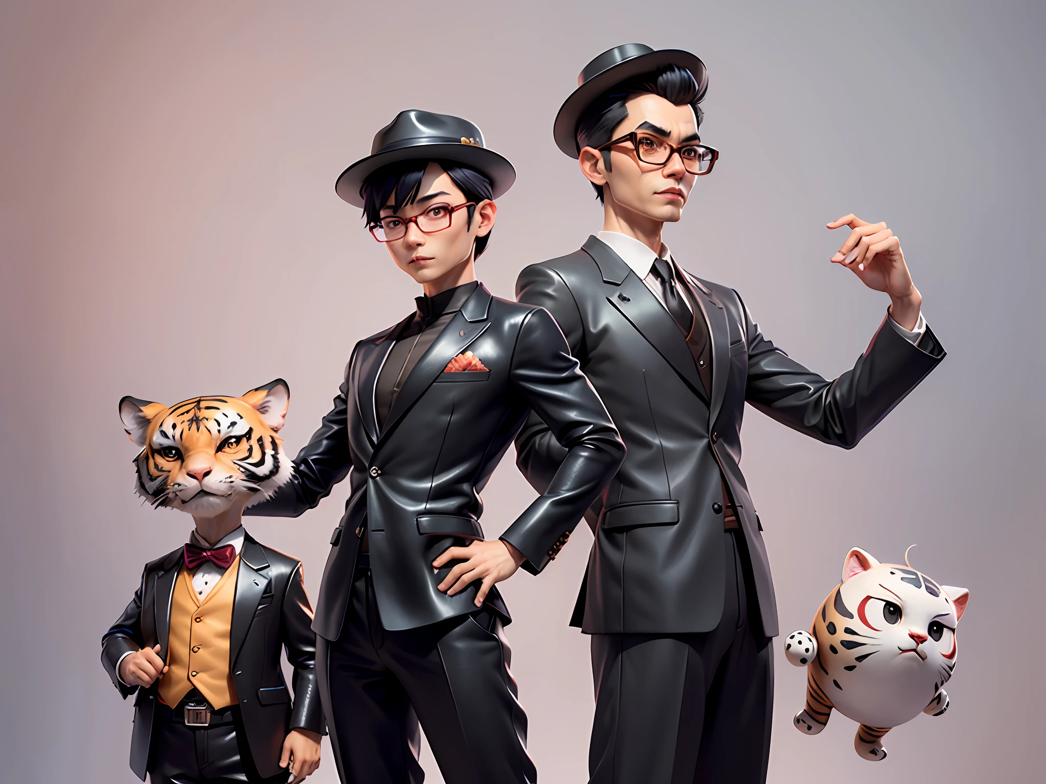 Young man with oriental face in leather hat, tiger, oriental face in formal suit, short black hair, silver glasses, digital painting, 3D character design by Mark Clairedon and Pixar and Hayao Miyazaki and Akira Toriyama, the illustration is a high-definition illustration in 4K resolution with very detailed facial features and cartoon-style visuals.