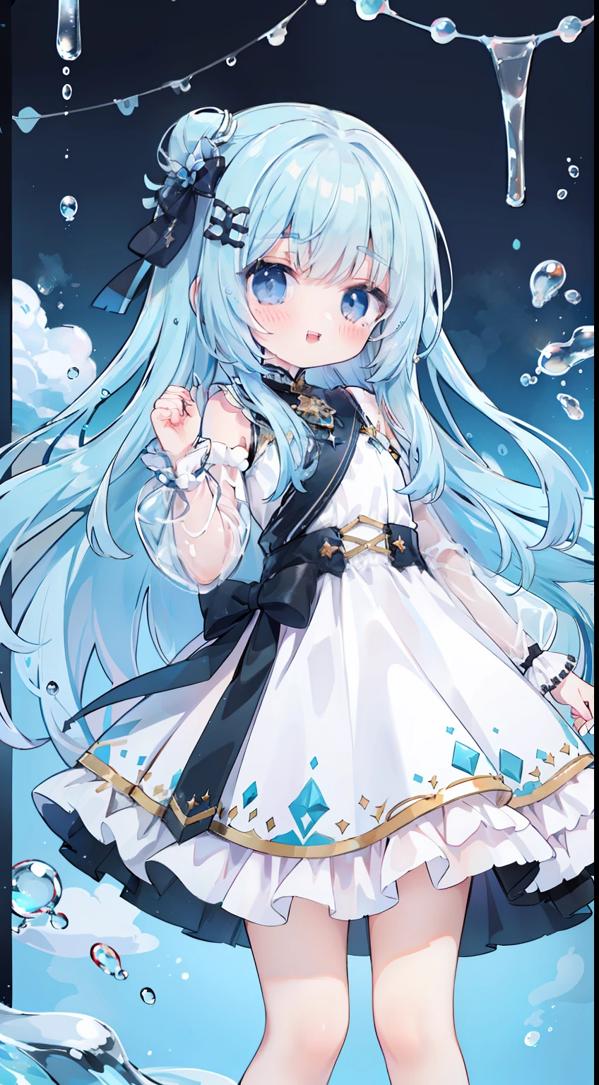 full bodyesbian、Standing Picture、One girl、Black eyes、icy、Cool、White Dress、Smile、cute little、transparent haired、Transparent hair、Hair made of water、Eau、water dripping、The drops、icy、Top image quality、top-quality