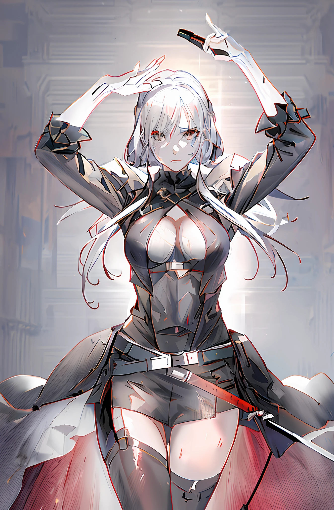 Anime - style image of a woman in a black costume holding a sword, from girls frontline, white haired god, perfect gray hair girl, Fine details. girls' frontline, 2 b, 2b, 2b nier automata, detailed anime character art, a female anime character, female action anime girl, cyborg - girl with silver hair, cushart krenz key art feminine