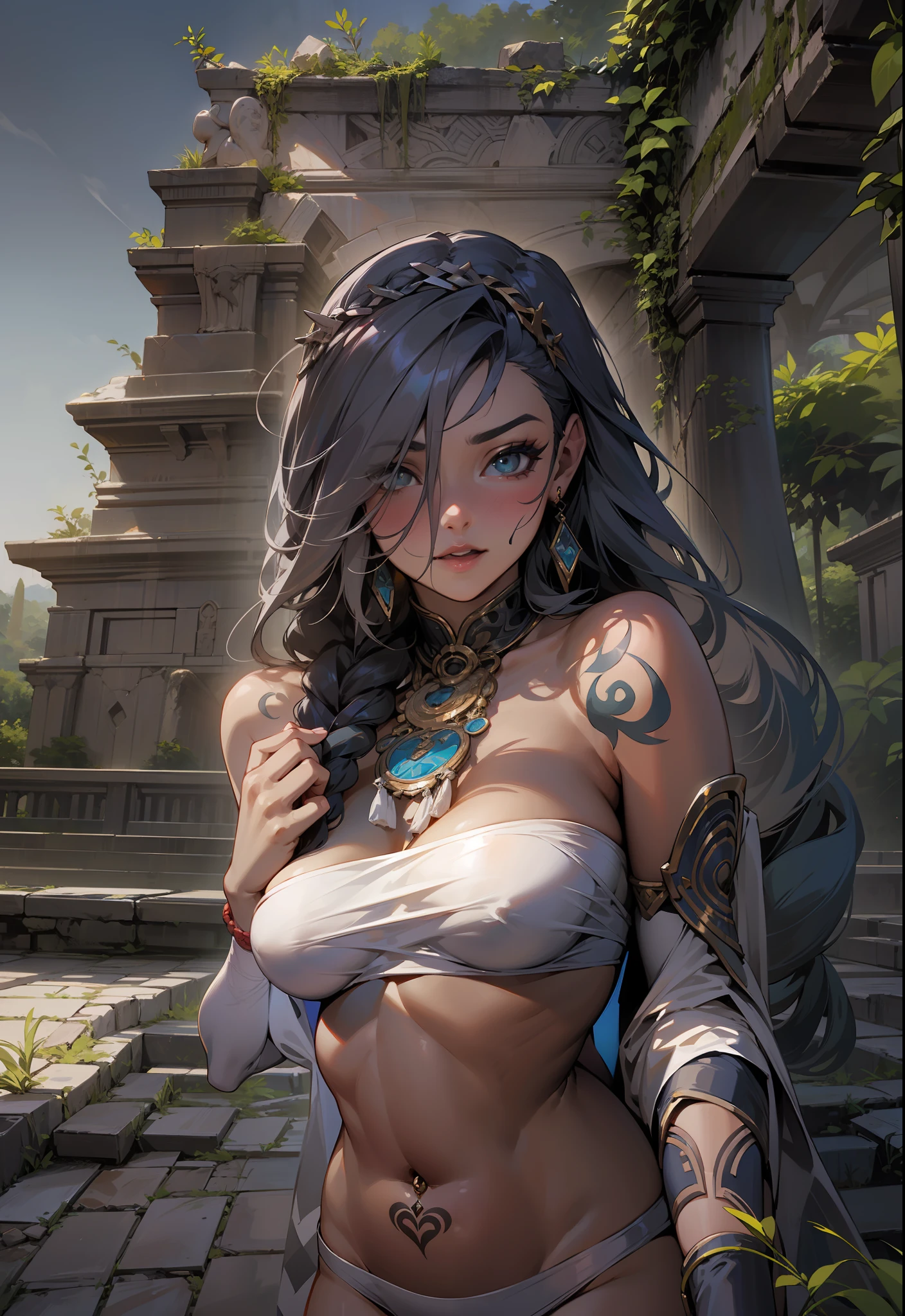 There's a sexy goblin (Arshes em Bastard) ultra thin bikini, elfa de 30 anos (Peta Jensen), (Camgirl), (onlyfans) posing in the Ancestral Ruins, richly detailed Aztec ruins, lots of vegetation and vineyards, Aztec Ancient Ruins, cinematic natural light, organic dust particles in light, poeira no ar, Underneath view, Viewing angle below, olhar de baixo, olhando de baixo, close da cintura pra cima, MULHER SEXY, Novo, sem roupa, alguns apetrechos e tribais pelo corpo nu, sensual, provocador, cabelos brancos, cabelos brancos, cabelos grisalhos, hair with long braid over the chest, braid over chest, smaller braids on the head, Dark grey head |, olhar sexy, olhos verdes, Olhar Lascivo, desejo, marrom, sarda no rosto, realista, boca entreaberta, sensualidade ao extremo, Seios enormes (Oppai), massive breasts uncovered, seios grandes soltos descobertos,good breasts are discovered, breasts are visible, Agora mesmo (Kate Dee), seios arredondados, mamilos duros, bicos duros, Lascivo, hot, Mamalhuda, seios grandes e fartos (Angela White), Peitos grandes, com pintas, sardas, Fundo, sardas no peito, piercing na barriga, barriga sexy, barriga levemente marcada, sexy :8, A partir de 8 K fosco, olhar sexy, detalhes tribais pelo corpo, corpo nu com tatoo tribal, asteca, molhado, transparente, pose atraente, a scarf tied at the waist, estourando os seios, bicos duros, mamilos endurecidos, enrijecidos, Excitado, lascivo, provocador, corpo sexy, quadril largo, coxa grossa, Pose sexy, corpo perfeito, uncovered private parts, Visible , aberta, pelos pubianos raspados, Depilado, exposta, realista, molhada, virilha marcada, perfect lighting, Bottom view, realista, filtro escuro, profundidade, 4k