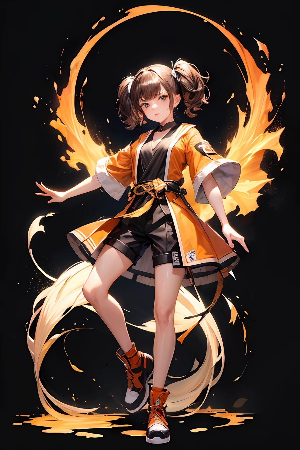 (black background: 1.4), original, (illustration: 1.1), (best quality), (masterpiece: 1.1), (color: 0.9), (medium lens: 1.4), full body, character concept art, clear and sharp focus, interior, looking at the audience, ((beautiful)), 16 years old girl, cute face, brown hair, black eyes, lively pose, short hair, twin tails hair, orange ninja outfit