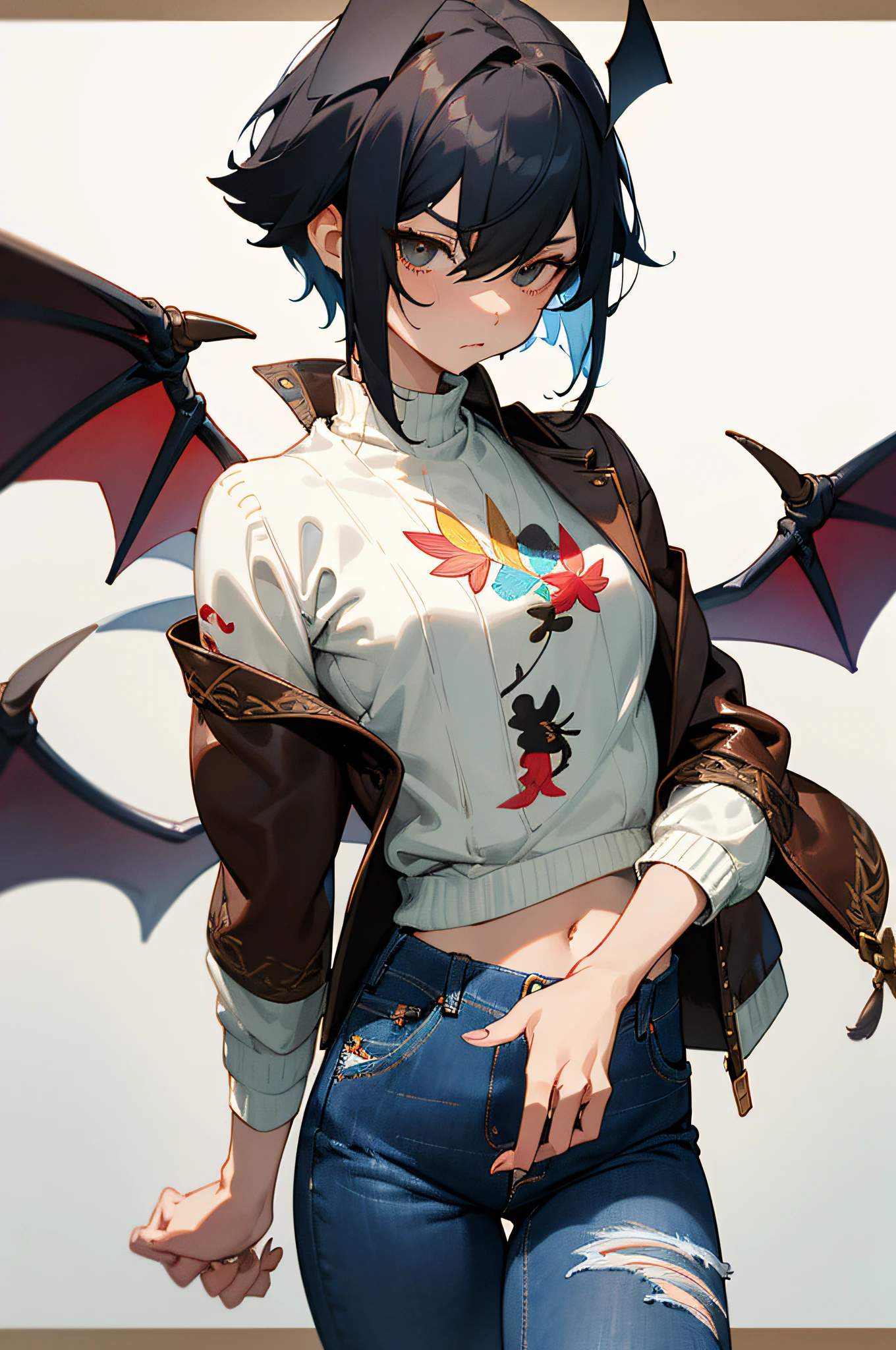 masterpiece、hightquality、1girl in、独奏、middlebreast、short-hair、(hair between eye)、(00BFFE Pixie Cut)、bat wings、Disappointed face、toppless、(Embroidered sweaters、Cropped flared jeans、Leather Blazer)