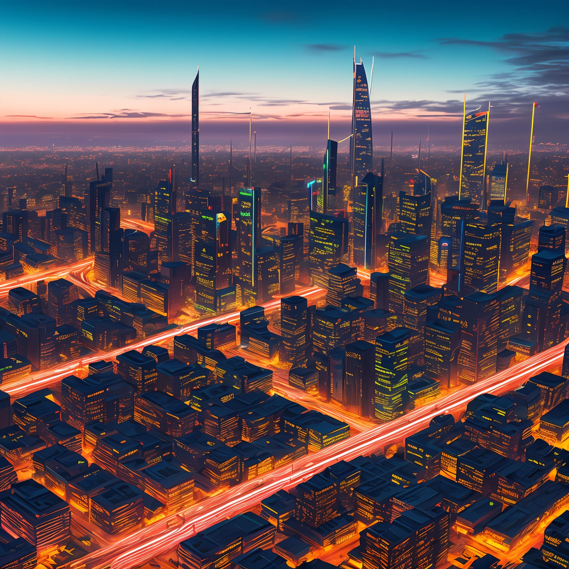 futuristic city, leds, neon, telas, subway, pedestres, carros, 4k, entardecer, rua, prefeitura no centro, textura realista