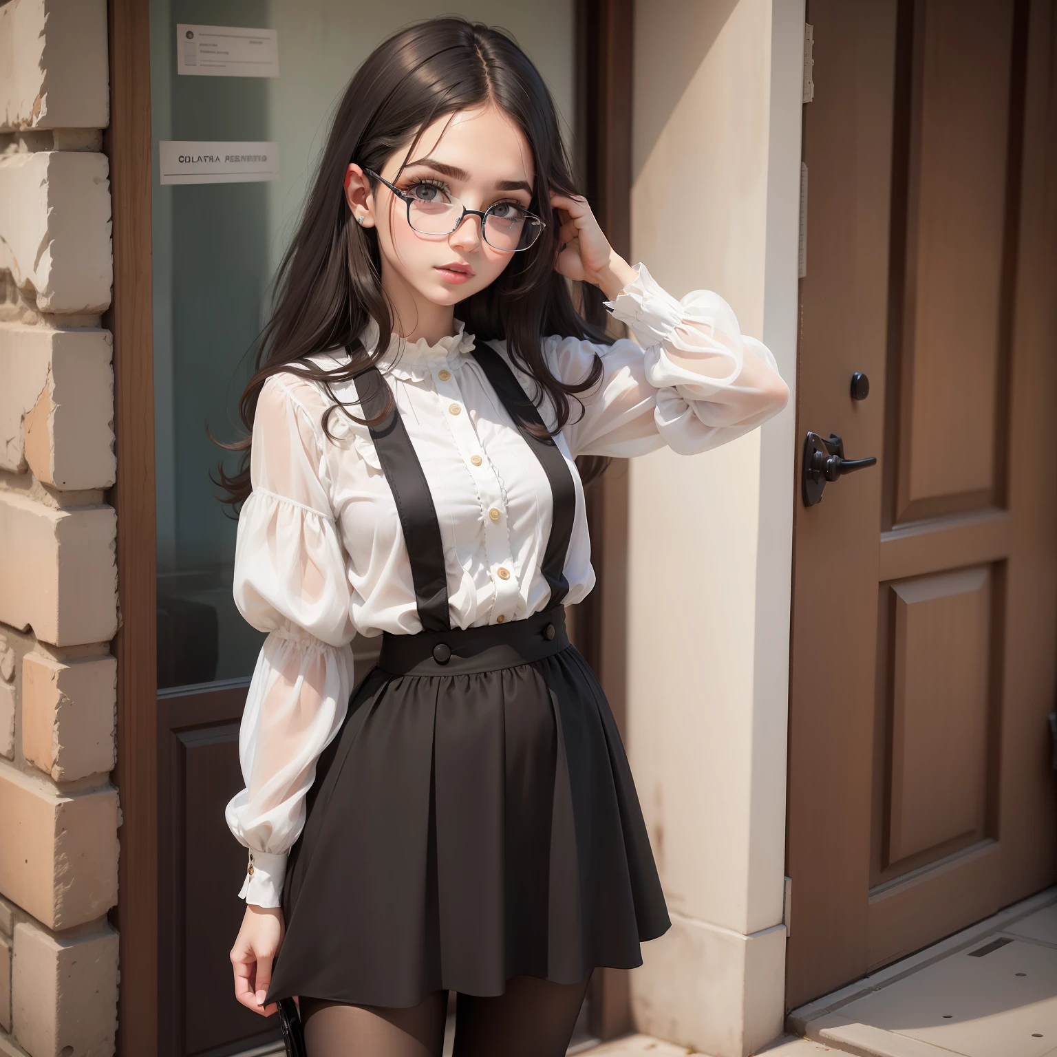 caucasiana, peitos extra pequenos, olhos perfeitos, Pale girl, coxas perfeitas, European girl, Meninaa nova, Cortar, Saia, transparent black pantyhose, Morena, Cabelos Longos, cabelos pretos, Pale girl, glasses, SFW, olhar sedutor, peitos pequenos, nariz fino, fine lips, roupas comportadas, shoker, solo