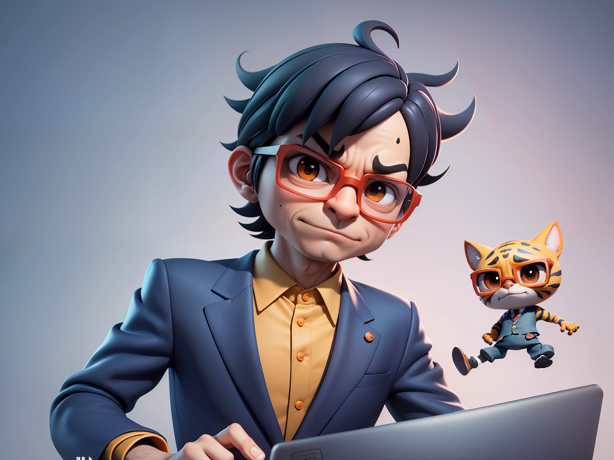 A young man in a suit, Short hair and glasses sat at his desk,holding laptop,digitial painting,tigre,3D character design by Mark Clairen and Pixar and Hayao Miyazaki and Akira Toriyama,4K HD illustration,Very detailed facial features and cartoon-style visuals。