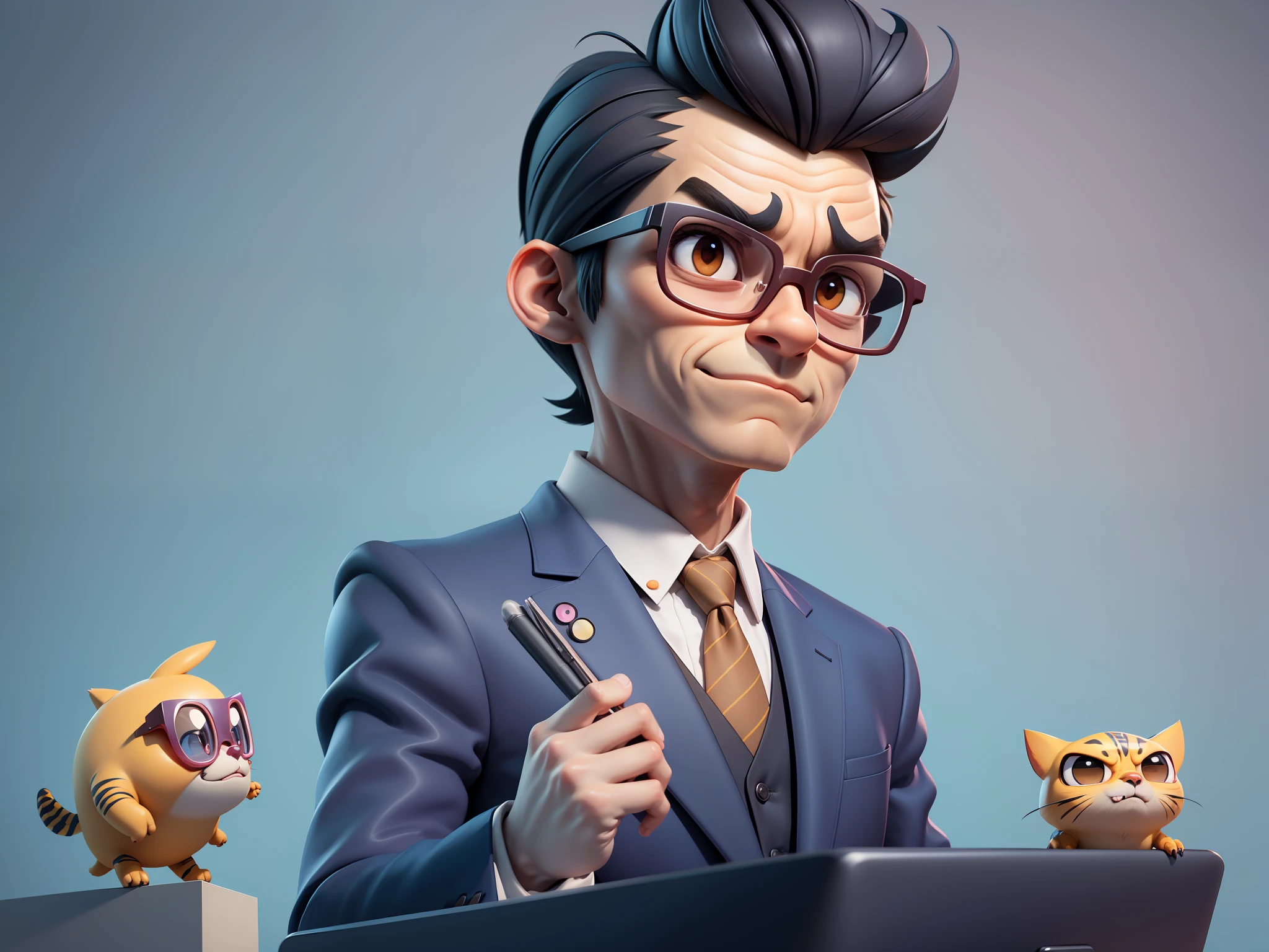 A young man in a suit, Short hair and glasses sat at his desk,holding laptop,digitial painting,tigre,3D character design by Mark Clairen and Pixar and Hayao Miyazaki and Akira Toriyama,4K HD illustration,Very detailed facial features and cartoon-style visuals。