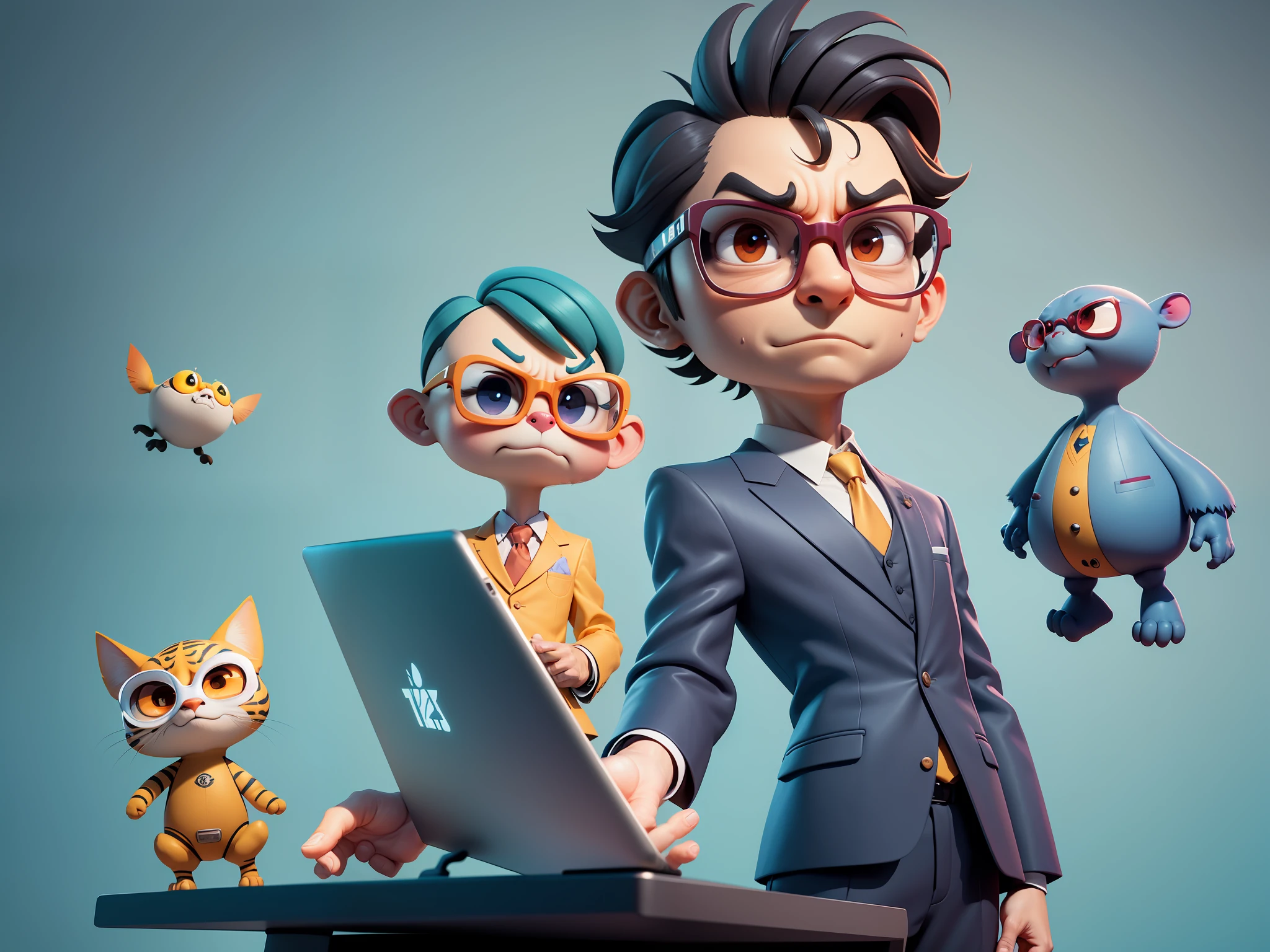 A young man in a suit, Short hair and glasses sat at his desk,holding laptop,digitial painting,tigre,3D character design by Mark Clairen and Pixar and Hayao Miyazaki and Akira Toriyama,4K HD illustration,Very detailed facial features and cartoon-style visuals。