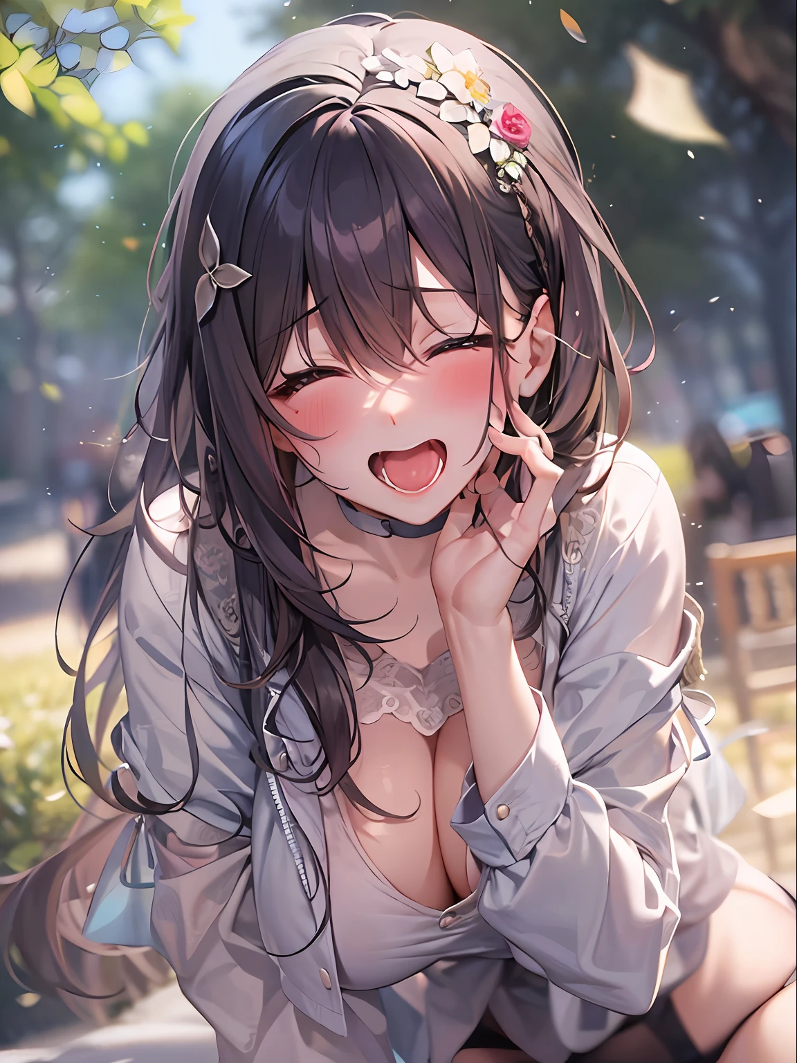top-quality、masterpiece、超A high resolution、(Photorealsitic:1.4)、One girl yawning in the park、Panting face、A dark-haired、Functional、Bewitching、Dramatic Lighting、full body Esbian、maikurobikini、huge-breasted、Getting from behind、a park、Pubic hair shows through、all-fours、blushed face、Functional、Nasty