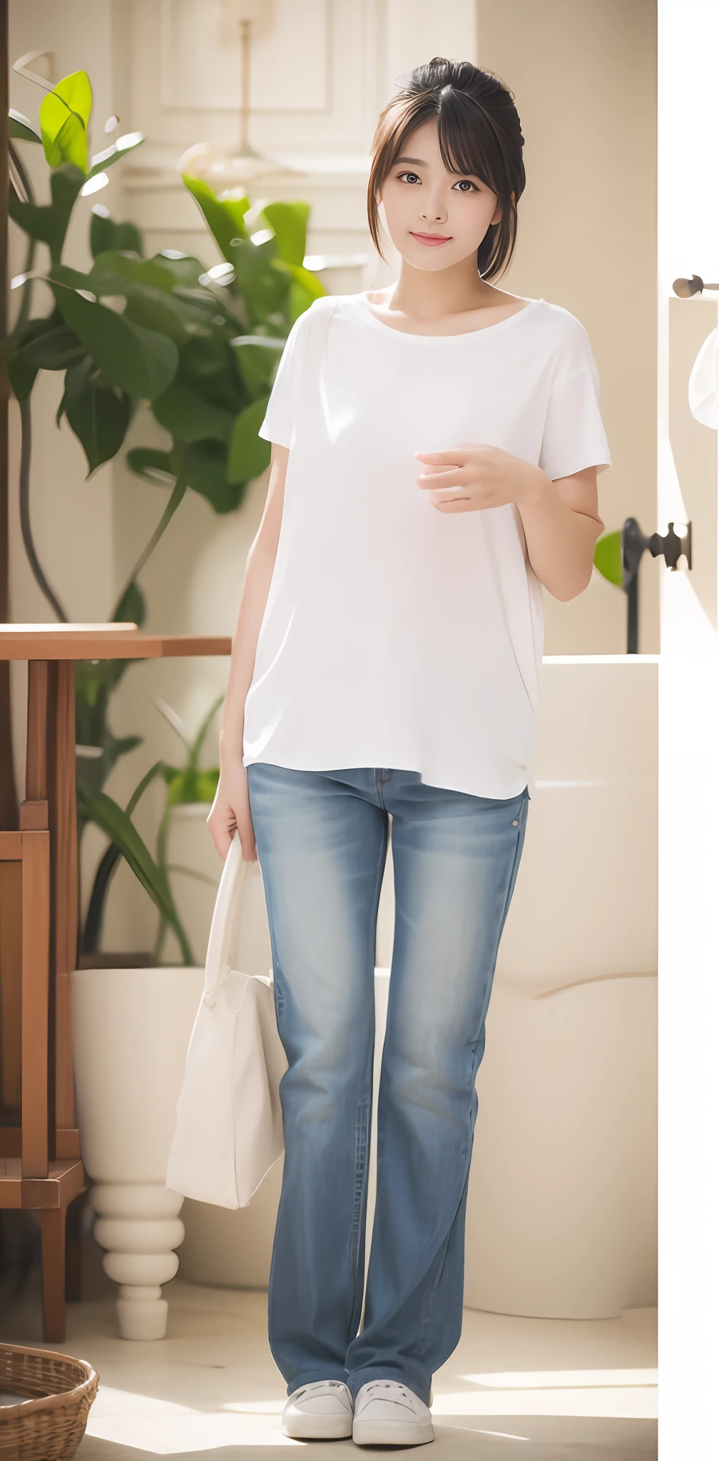 Zhu Ai_Villas，RAW photos，Brand photos，（highdetailskin：1.2），8k ultra high definition，digital SLR camera，gentlesoftlighting，high high quality，filmgrain，富士XT3，20 years old Asian woman，Wear simple clothes，T-shirt and skinny jeans，Detailed clothing details:1.3，perfect body figure，Super detailed facial details and skin，Fair and tender face and skin，二重まぶた，Super detailed eyes，fully body photo