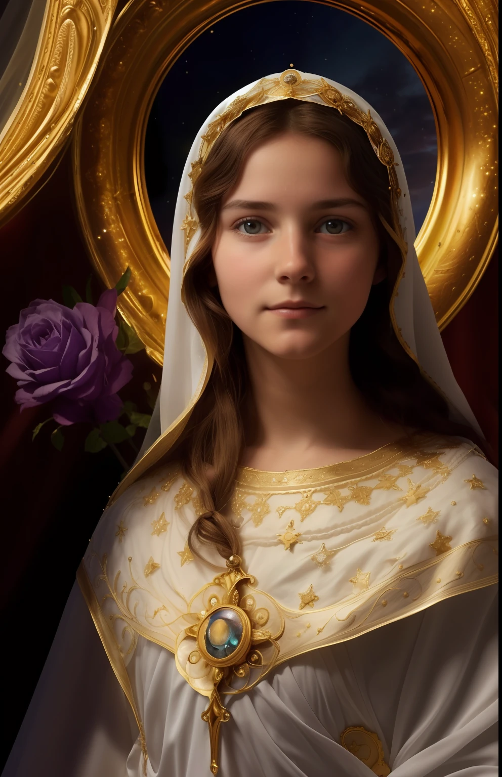 (((Blessed Virgin Mary))) (((of ))) (((looking serious but pious))) . Obra maestra, (La mejor calidad: 1.2), (super fine: 1.2), illustration, (extremadamente delicado y hermoso: 1.2), movie angle, flotante, (Hermoso ojo de detalle: 1.1), (detalle luz: 1.1), Movie Lights, Cielo delicado, ojos azules, (Cola de caballo alta: 1.1), capa, ojuelos, (luna: 1. 2), (Luz de la luna: 1.1), cielo estrellado, (light particles: 1.1) dibujo, flor. (Obra maestra), (La mejor calidad), (fotorrealista:1.3), 8k, Textura detallada de la piel, Textura detallada de la tela, Hermosa cara detallada, Detalles intrincados, Ultra detallado (cuerpo de cuerpo entero:1.2)