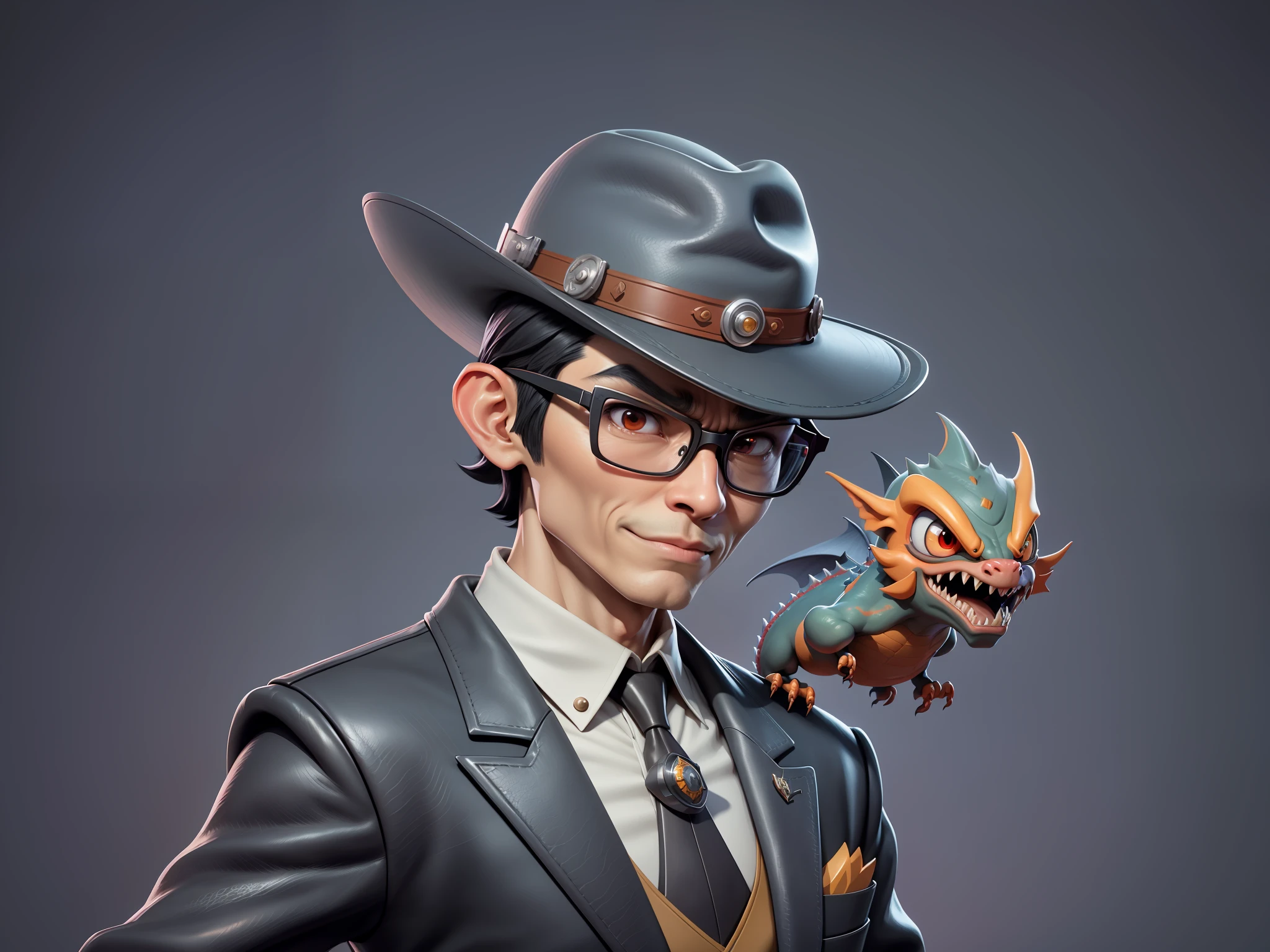 Young man with oriental face in leather hat, dragon, formal suit, short black hair, silver glasses, digital painting, 3D character design by Mark Clairedon and Pixar and Hayao Miyazaki and Akira Toriyama, the illustration is a high-definition illustration in 4K resolution with very detailed facial features and cartoon-style visuals.