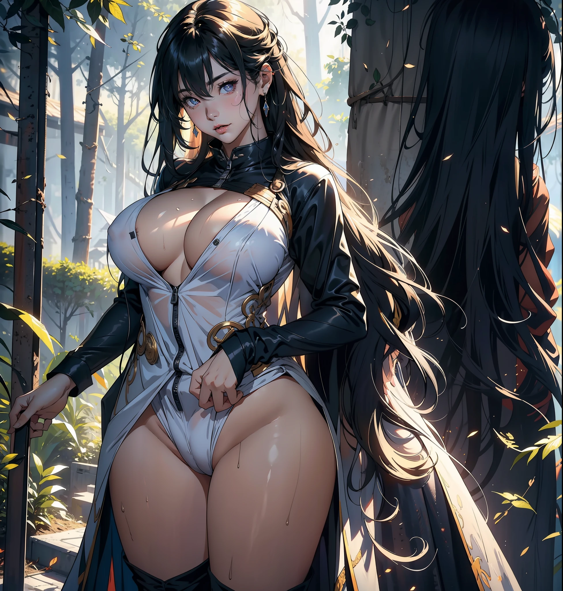 1female，35yo，Huge breasts， 独奏，Wear a transparent military uniform， Pornographic exposure，ln the forest，  She has long flowing black hair， Bare genitalia，Sateen，Bigchest， From the front side， Wet straight hair， Sweating profusely，mostly cloudy sky，（tmasterpiece），（Very detailed CG unity 8K wallpaper），best qualtiy，cinmatic lighting，detailed back ground，beatiful detailed eyes，Bright pupils，（Very fine and beautiful），（Beautiful and detailed eye description），ultra - detailed，facing at camera，A high resolution，ultra - detailed），Very long hair，standing on your feet，Emotive expressions，Open-mouthed，Chest sagging，nakeness， Expose the genitals，revealing breasts，Camel toes，with no underpants，extremely large bosom，Extremely colorful，Most detailed，fully body photo，The face is well lit