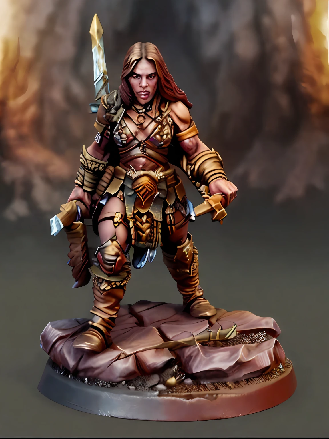 pmini style,  a painted miniature of a female human barbarian, close-up shot, detailed face, fantasy game, character design,  Intricate, High Detail, Sharp focus, dramatic, photorealistic art