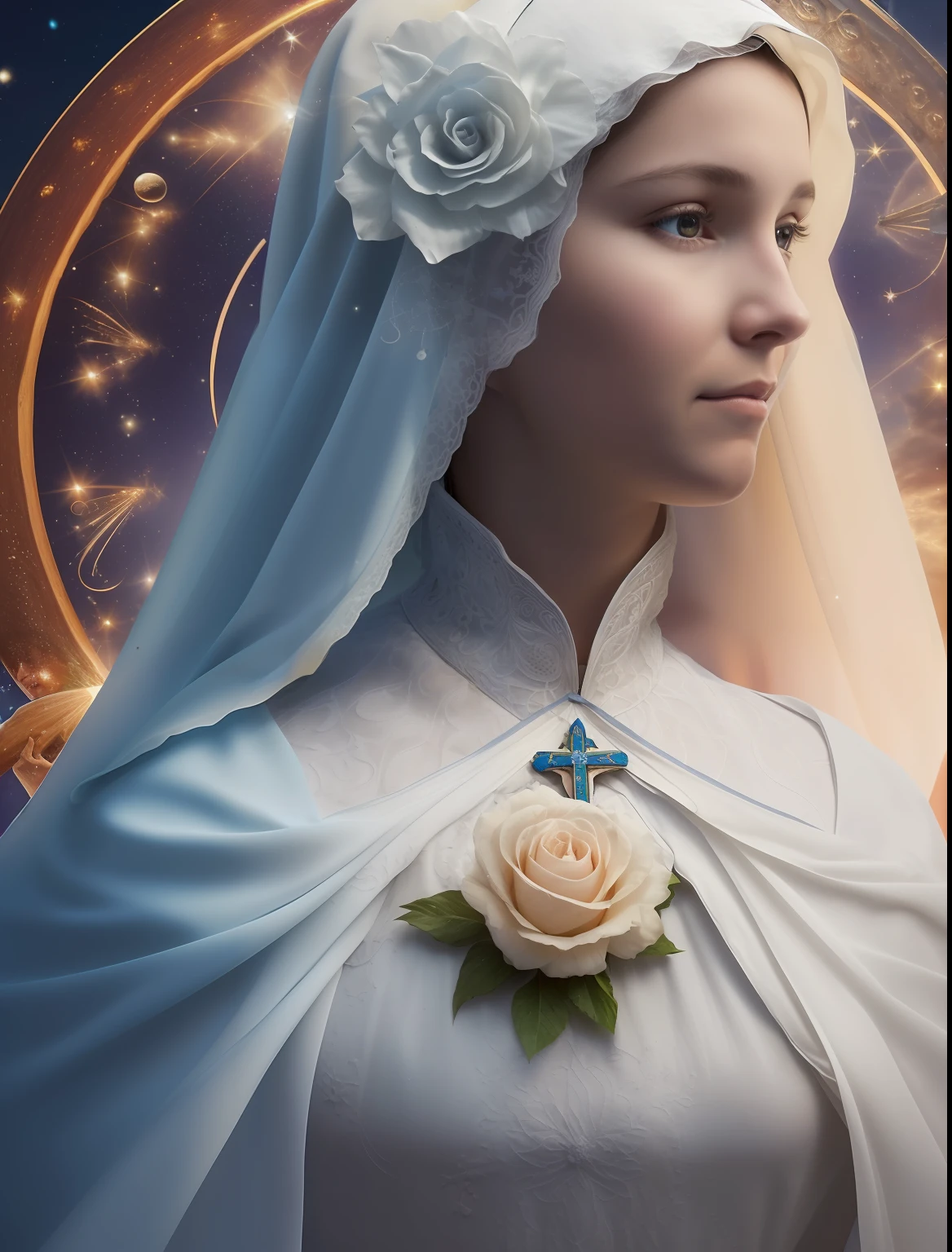 (((Blessed Virgin Mary))) (((of 17 years old))) (((looking serious but pious))) . Obra maestra, (La mejor calidad: 1.2), (super fine: 1.2), illustration, (extremadamente delicado y hermoso: 1.2), movie angle, flotante, (Hermoso ojo de detalle: 1.1), (detalle luz: 1.1), Movie Lights, Cielo delicado, ojos azules, (Cola de caballo alta: 1.1), capa, ojuelos, (luna: 1. 2), (Luz de la luna: 1.1), cielo estrellado, (light particles: 1.1) dibujo, flor. (Obra maestra), (La mejor calidad), (fotorrealista:1.3), 8k, Textura detallada de la piel, Textura detallada de la tela, Hermosa cara detallada, Detalles intrincados, Ultra detallado (cuerpo de cuerpo entero:1.2)