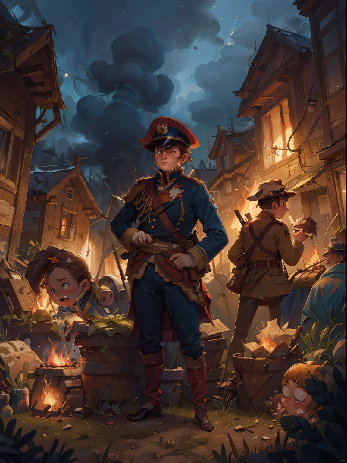 Holland soldiers 1800, Napoleon's style uniform, dark blue uniform, heroic, battlefield , at night, full body view, background burning village, fire