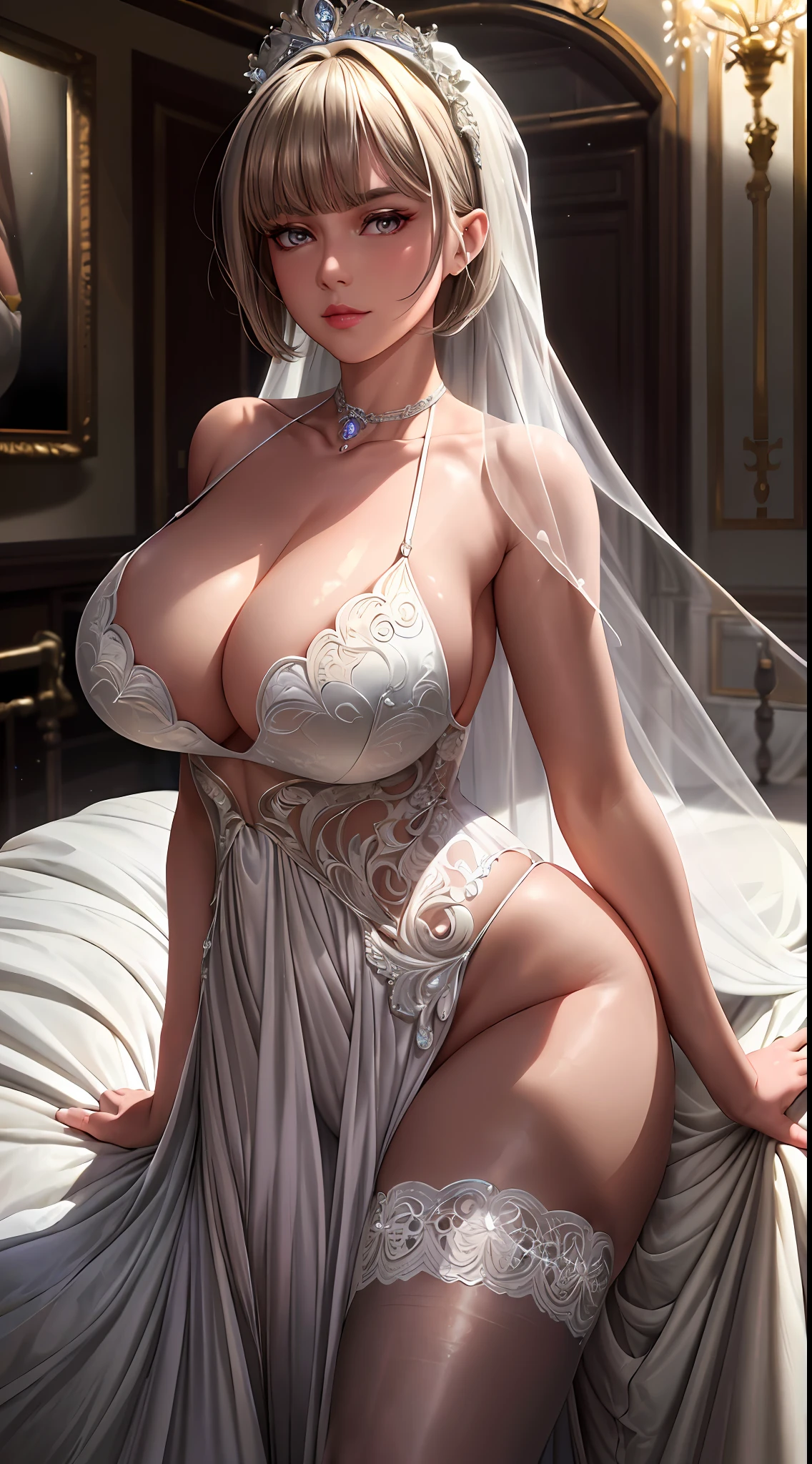 ((((masterpiece, best quality, high resolution)))), Extremely detailed 8K, Beautiful girl body, (Ultra HD, Ultra-detailed, Highly detailed, Highly realistic, Ultra-realistic, photograph realistic), Point of view, 1girl, white hair, purple eyes, bob cut, wavy hair, average breasts, blush, light smile, glow, thighs, bare shoulders, collarbone, narrow waist, cleavage, (masterpiece), (wedding dress, bridal veil, bridal garter, wedding ring), (beautiful detailed face, beautiful detailed eyes), bedroom, night time, night light, seductive expression, seductive eyes, ahegao, lustrous