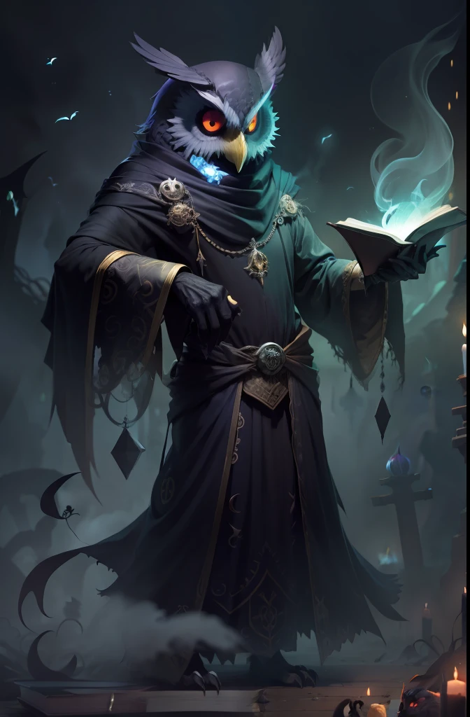 Concept 2: Anthropomorphic Owl Necromancer
Description: A creepy anthropomorphic owl necromancer performing a dark ritual over a tome of magic. Undead spirits swirl around him in a ghostly mist.