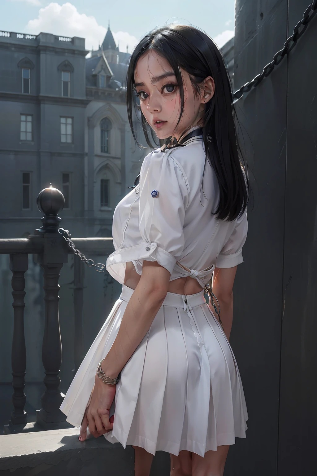 top quality picture　、(((Middle-aged man)))  　  、United Kingdom、palatial palace、((big crowd))　、 a sailor suit　、White School Uniform　、Long pleated skirt　、going up stairs　、Looks Back　、Back and buttocks　、　　very small udder　,tied breasts by the rope ,　Small、Arms tied behind the back
　、Collar with rope　　、(((mourn)))　、Thin ropes that bind the body、fully body photo、low angles、chains　、 Black hair　、 shining beautiful skin , Sweat, collar and chain accessories, beautiful black pupil and hair, Detailed expression　, beautidful eyes,