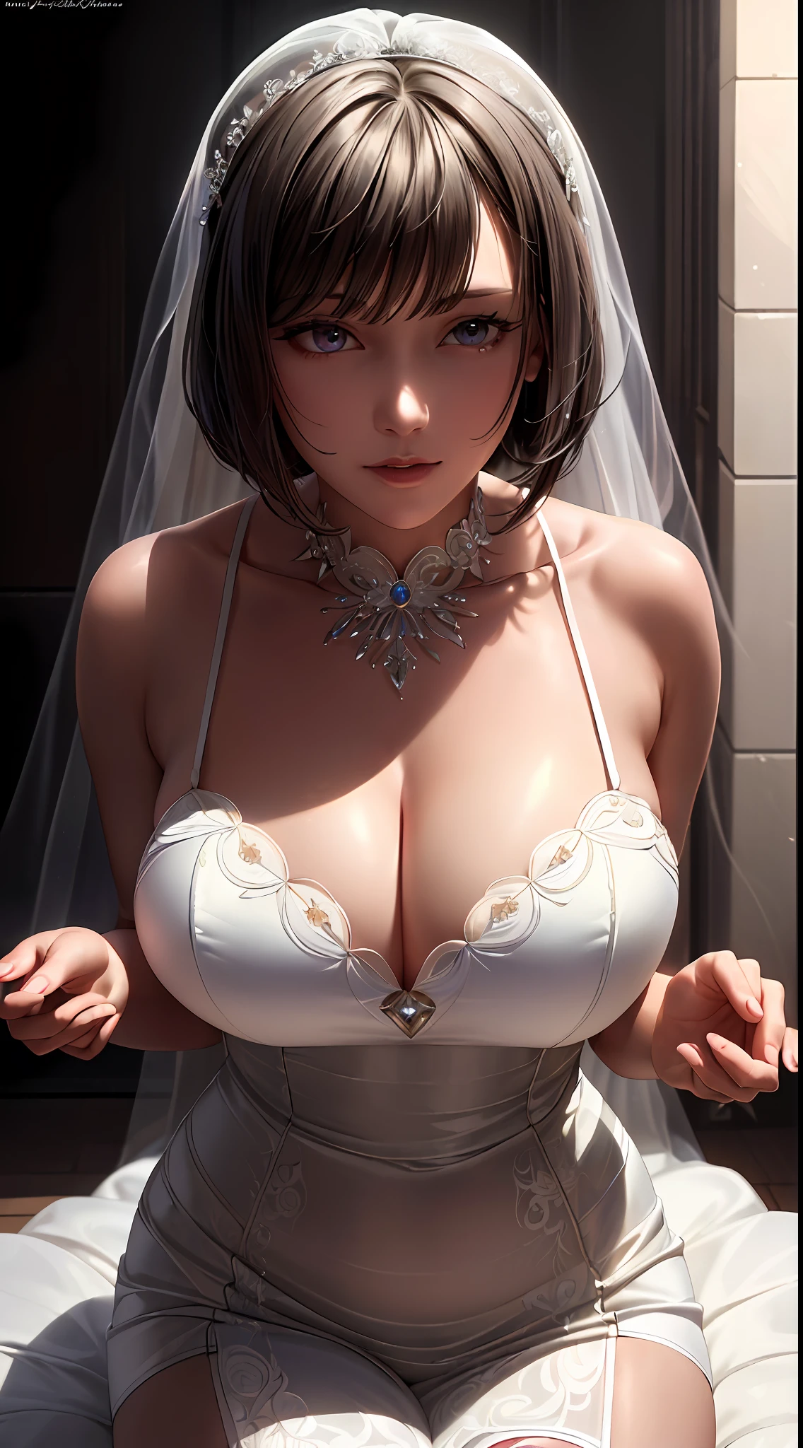 ((((masterpiece, best quality, high resolution)))), Extremely detailed 8K, Beautiful girl body, (Ultra HD, Ultra-detailed, Highly detailed, Highly realistic, Ultra-realistic, photograph realistic), Point of view, 1girl, white hair, purple eyes, bob cut, wavy hair, average breasts, blush, light smile, glow, thighs, bare shoulders, collarbone, narrow waist, cleavage, (masterpiece), (wedding dress, bridal veil, bridal garter, wedding ring), (beautiful detailed face, beautiful detailed eyes), bedroom, night time, night light, seductive expression, seductive eyes, ahegao, lustrous