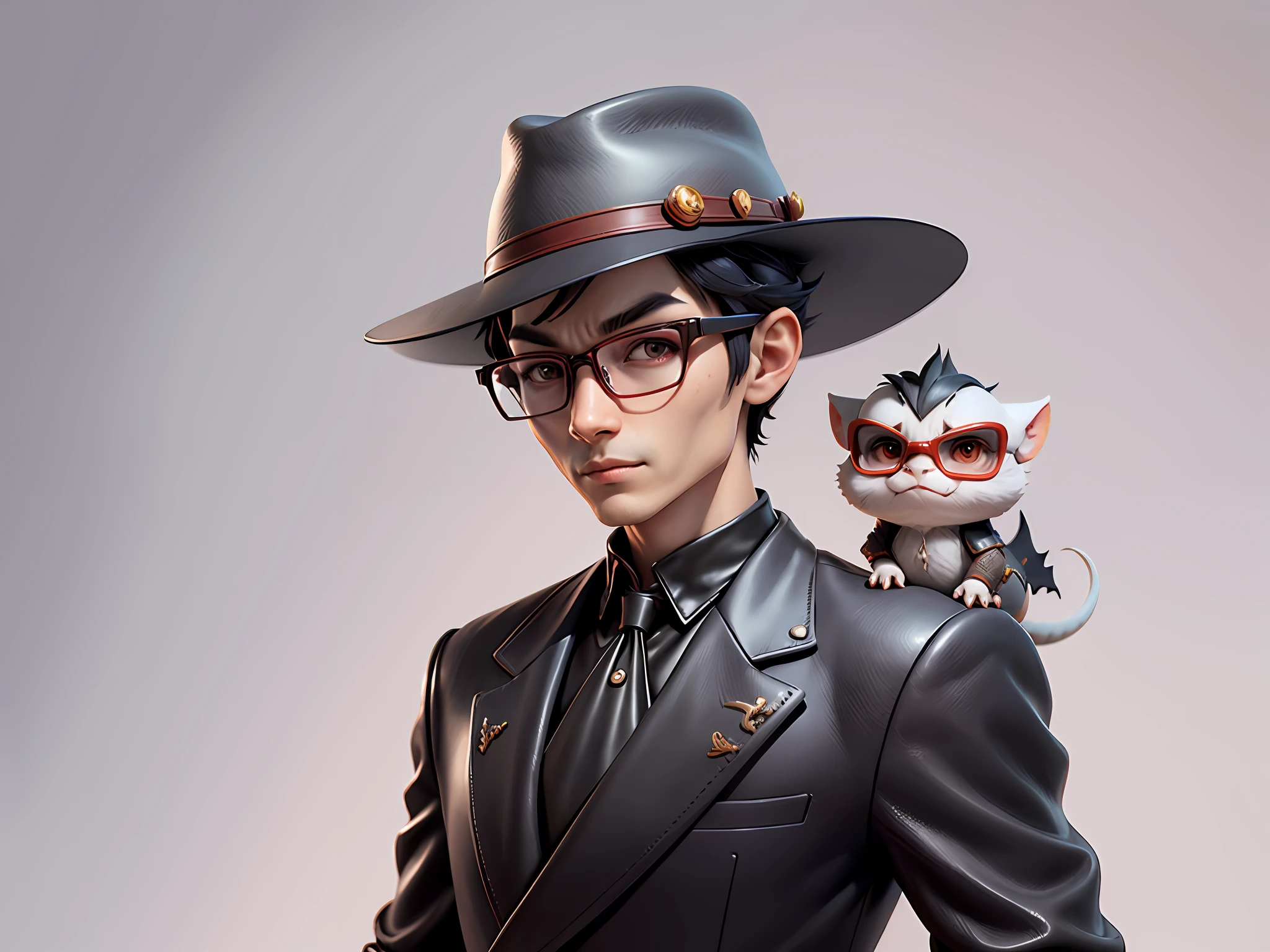Young man with oriental face in leather hat, dragon, formal suit, short black hair, silver glasses, digital painting, 3D character design by Mark Clairedon and Pixar and Hayao Miyazaki and Akira Toriyama, the illustration is a high-definition illustration in 4K resolution with very detailed facial features and cartoon-style visuals.