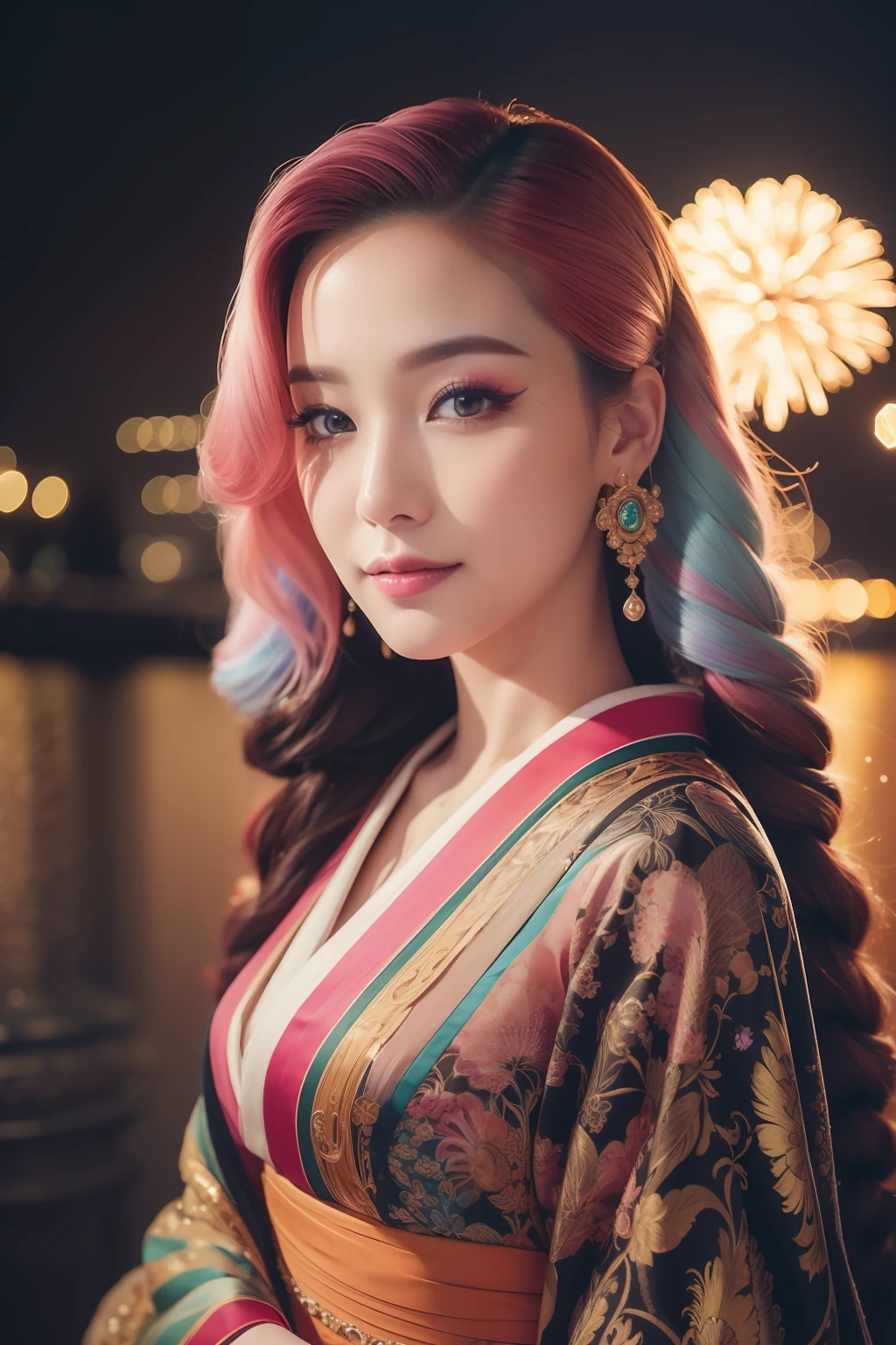 (best quality, masterpiece, colorful, dynamic angle, highest detailed)upper body photo, fashion photography of a cute marocco girl with iridiscent pink hair, flirting with POV, in traditional japanese gold&black kimono, ultra detailed kimono textures, high contrast, night, kyoto, fireworks, (intricate details, hyperdetailed:1.15), detailed, moonlight passing through hair, (official art, extreme detailed, highest detailed),