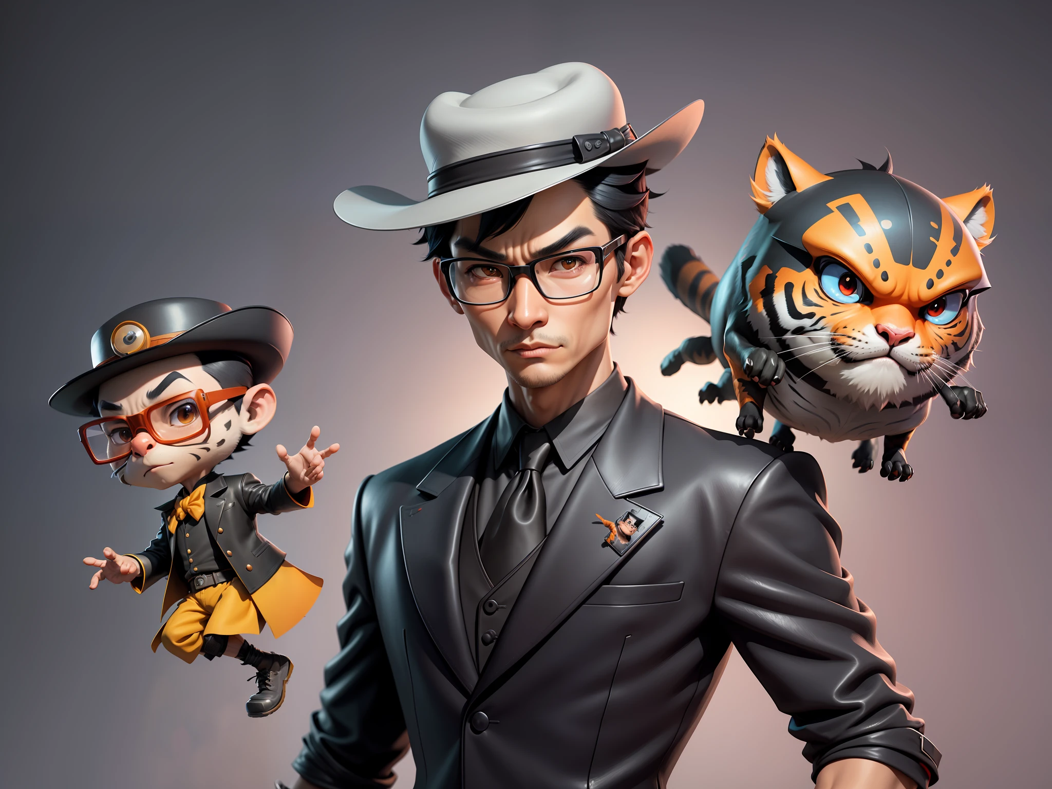 Young man with oriental face in leather hat, tiger, oriental face in formal suit, short black hair, silver glasses, digital painting, 3D character design by Mark Clairedon and Pixar and Hayao Miyazaki and Akira Toriyama, the illustration is a high-definition illustration in 4K resolution with very detailed facial features and cartoon-style visuals.